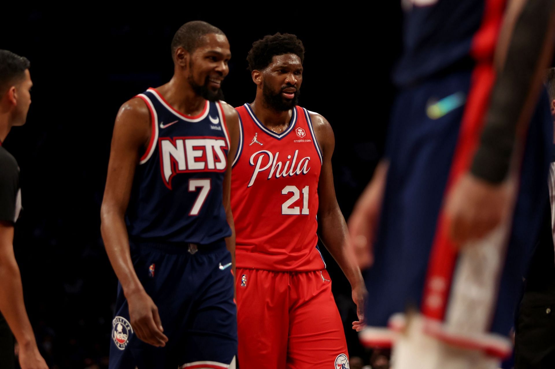 Kevin Durant (L) and Joel Embiid (R) got into it at the end of the Philadelphia 76ers-Brooklyn Nets game