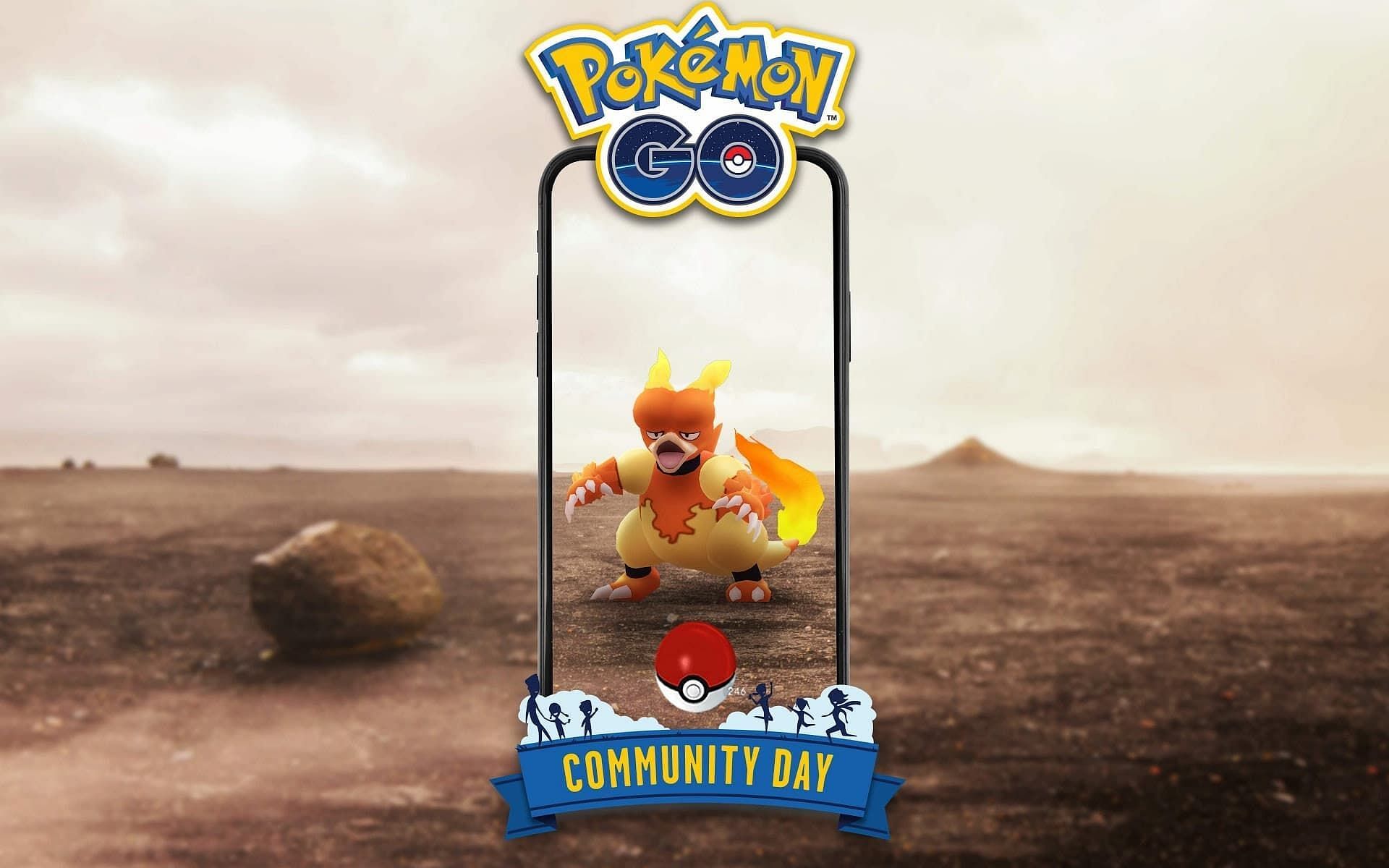 A promotional image for Magmar Community Day in Pokemon GO. (Image via Niantic)