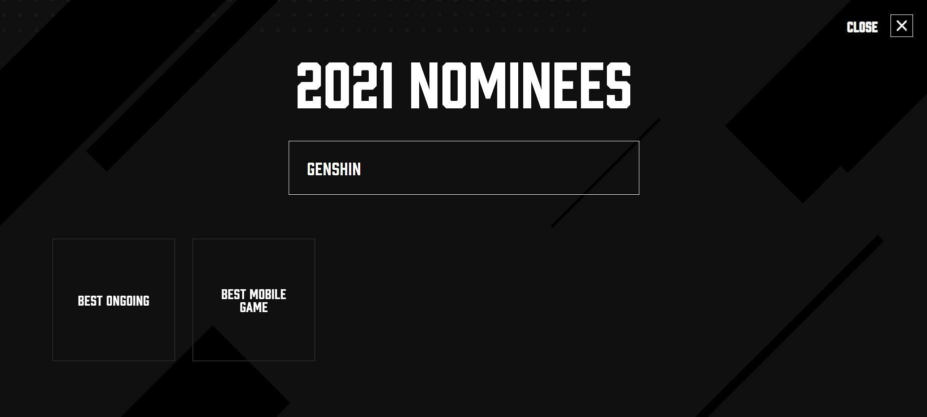 The two categories relevant to Genshin Impact fans (Image via The Game Awards 2021)