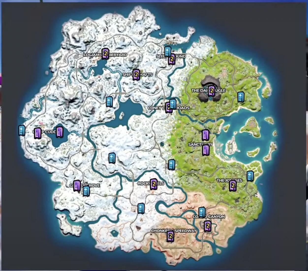 Locations of all the Vending Machines in Fortnite Chapter 3 Season 1 (Image via Glitch King)