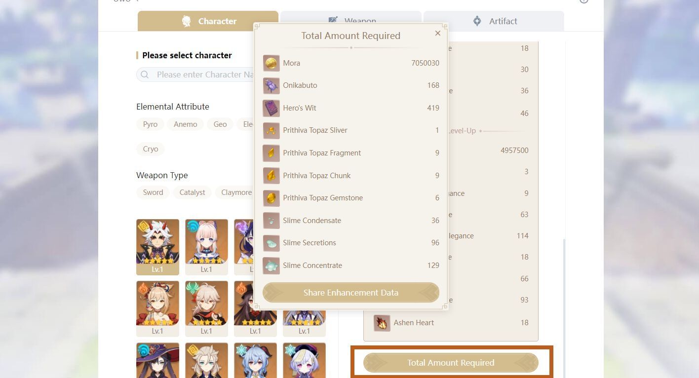 How to use 'Enhancement Progression Calculator' in Genshin Impact