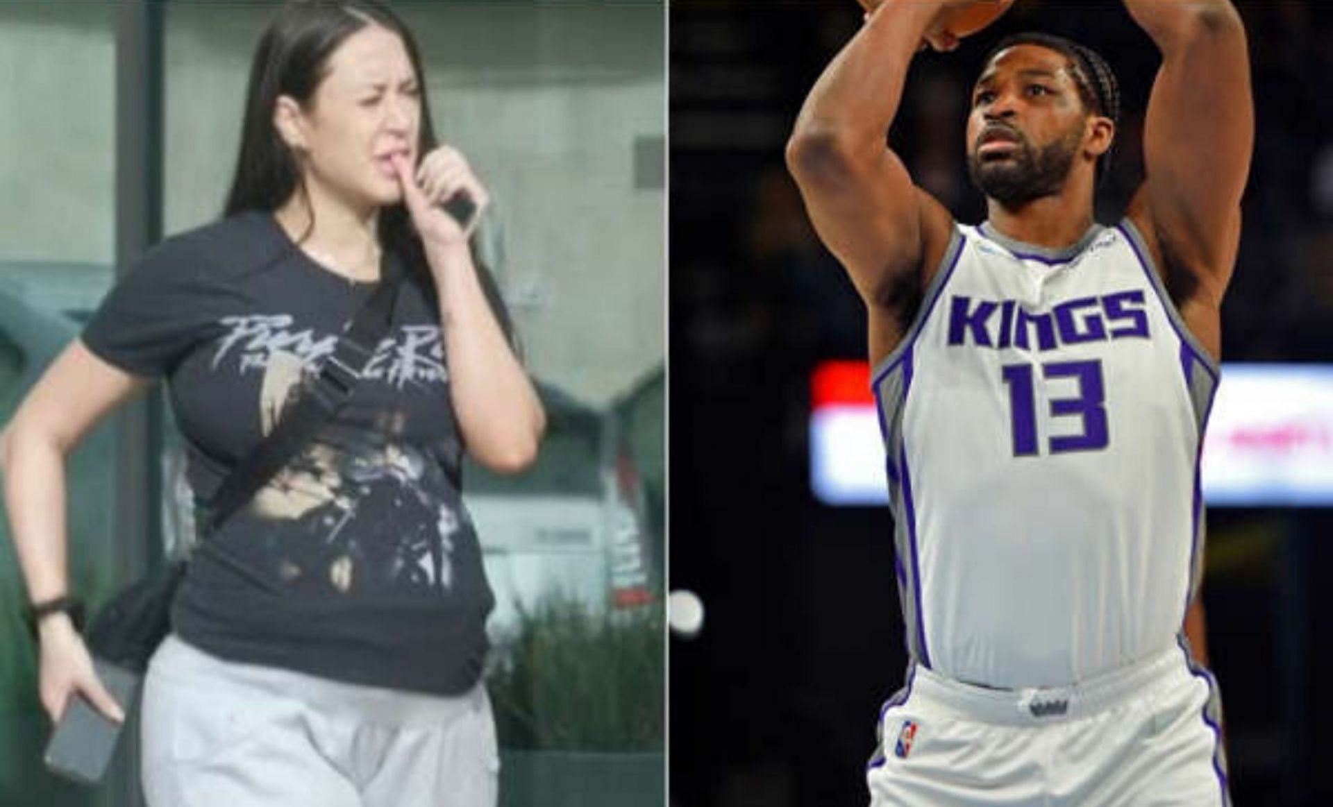 Heavily pregnant Maralee Nichols takes a walk outside in Marina Del Rey area in Los Angeles (L), Tristan Thompson during a match (R) (Image via mnm.com)