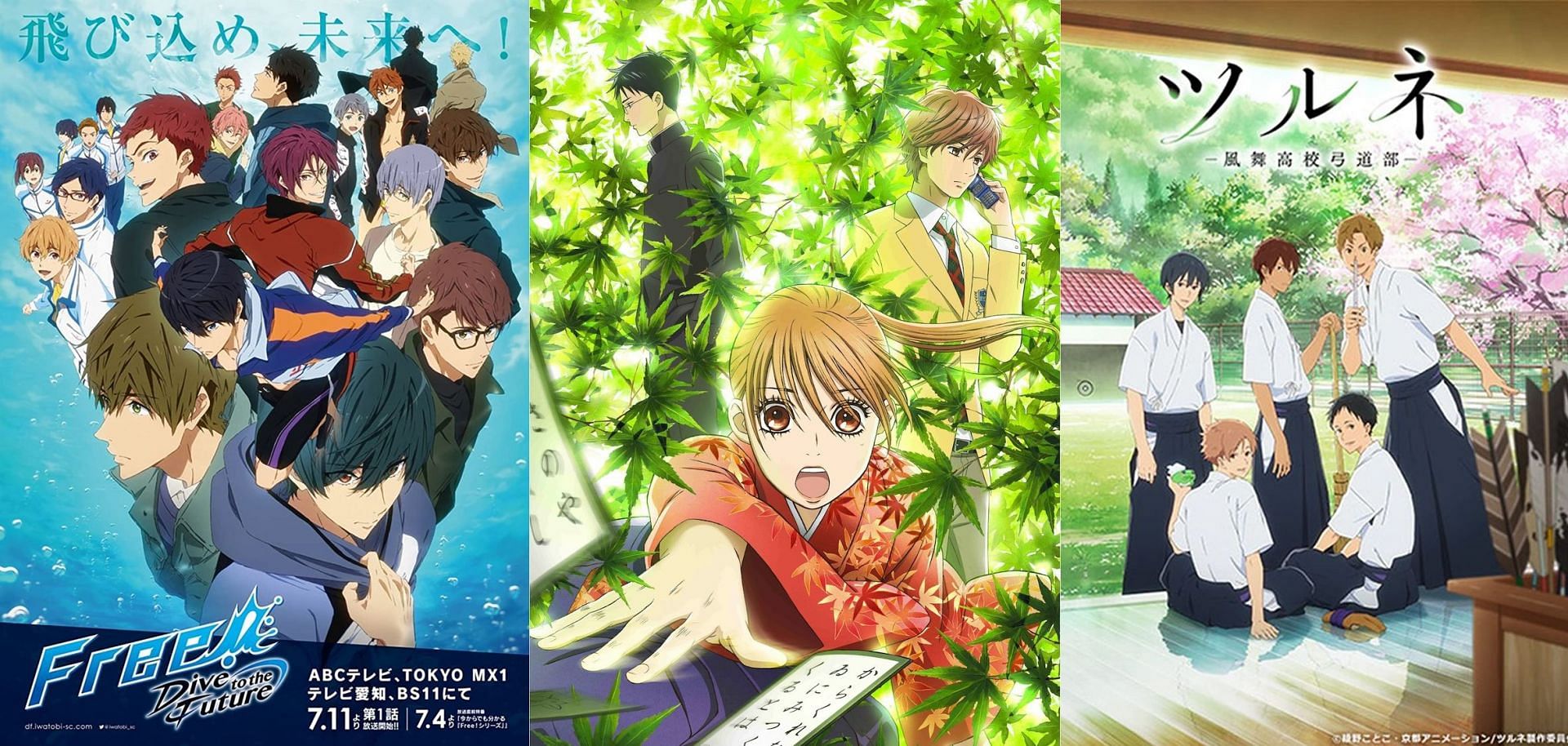 Free!, Chihayafuru, Tsurune anime posters (Image via Sportskeeda)