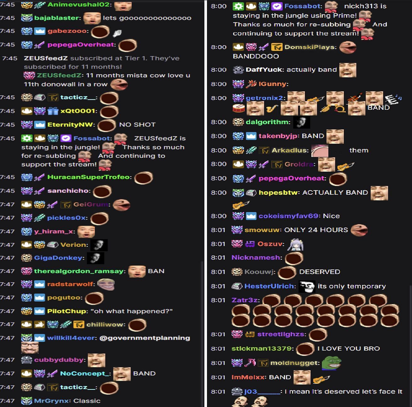 xQc&#039;s chat as he describes the reasoning behind his ban (Images via Twitch/xQcOW)