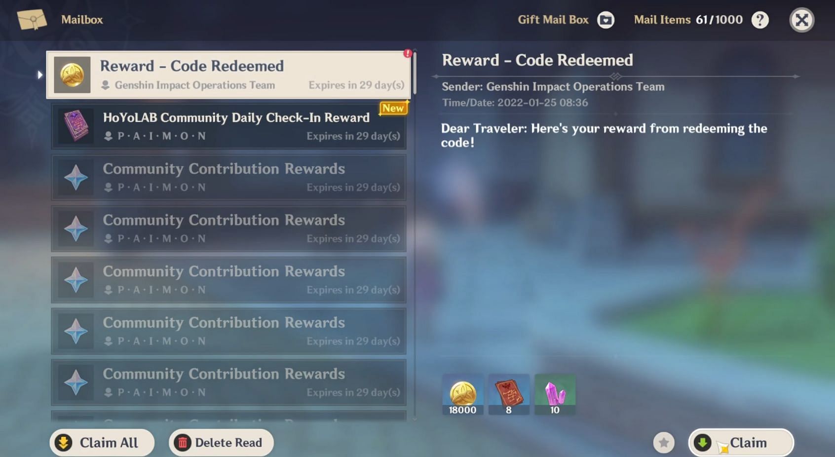 Claim rewards from in-game mail (Image via miHoYo)