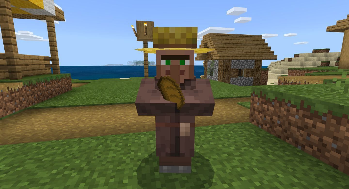Farmer villager holding a bread (Image via Minecraft)