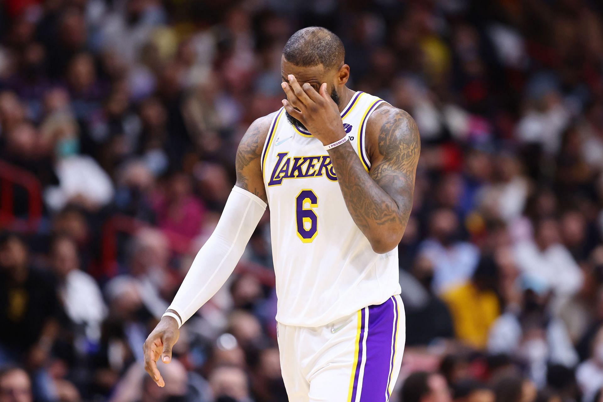 LeBron James of the LA Lakers reacts against the Miami Heat on Jan. 23 in Miami, Florida.