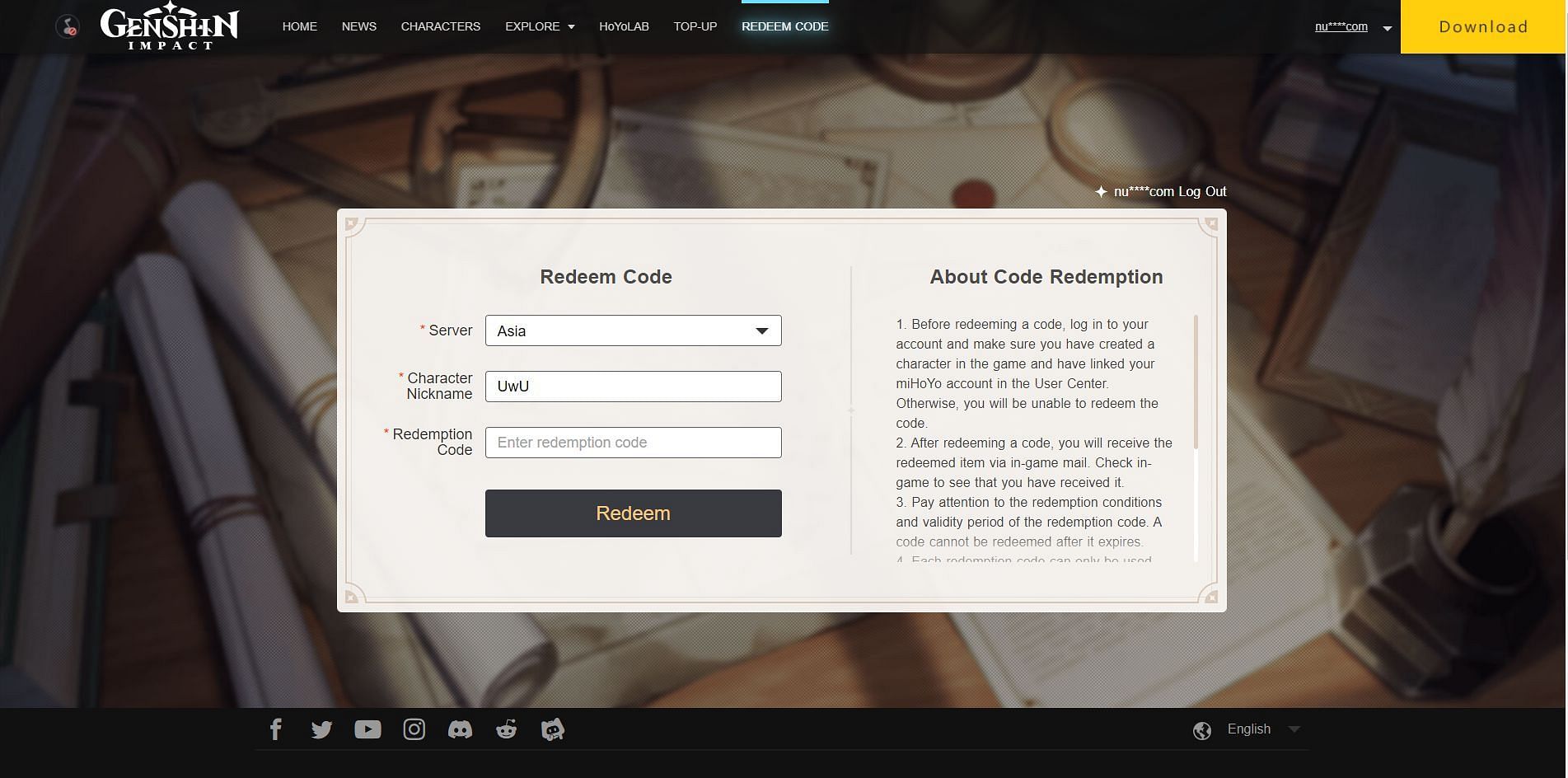 Paste the code on the Redemption Code box (Image via miHoYo)