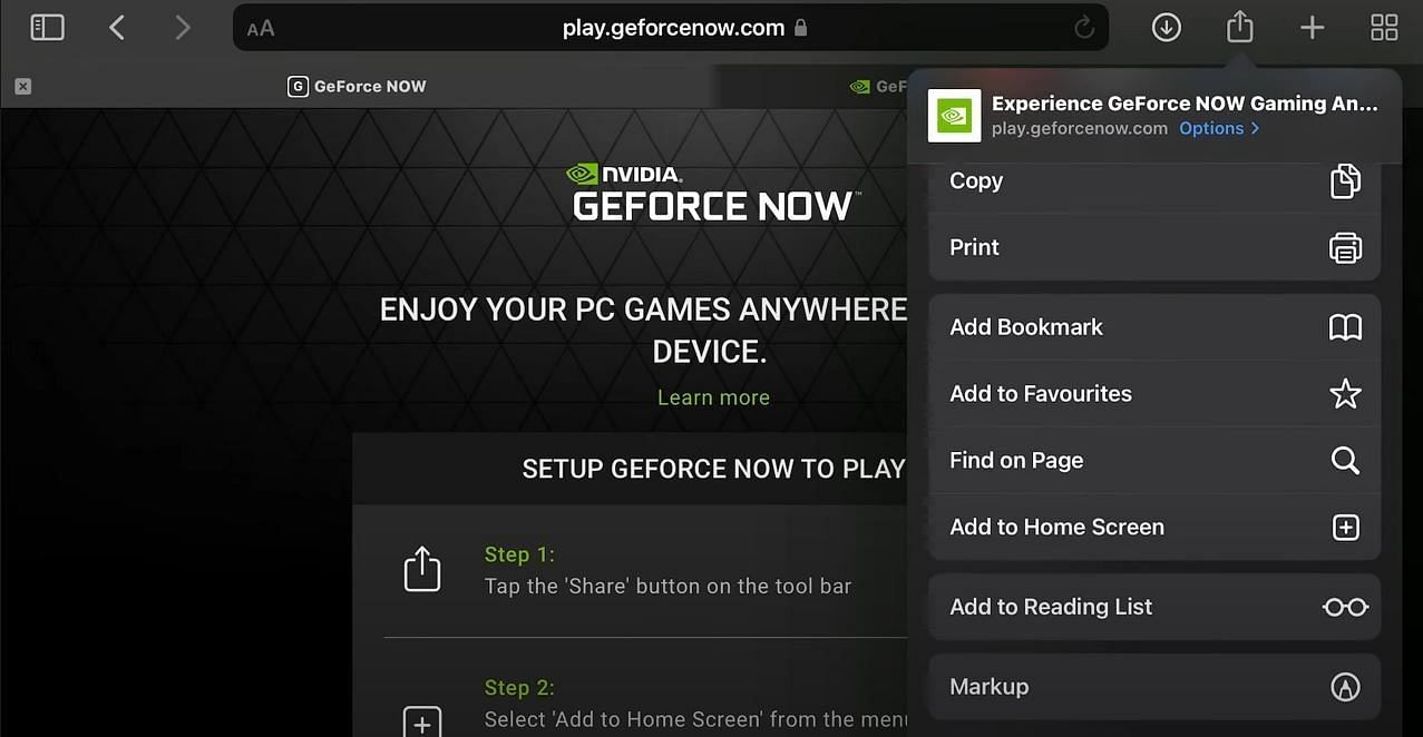 Add the GeForce Now tab to the home screen of the iOS device (Image via NVIDIA)