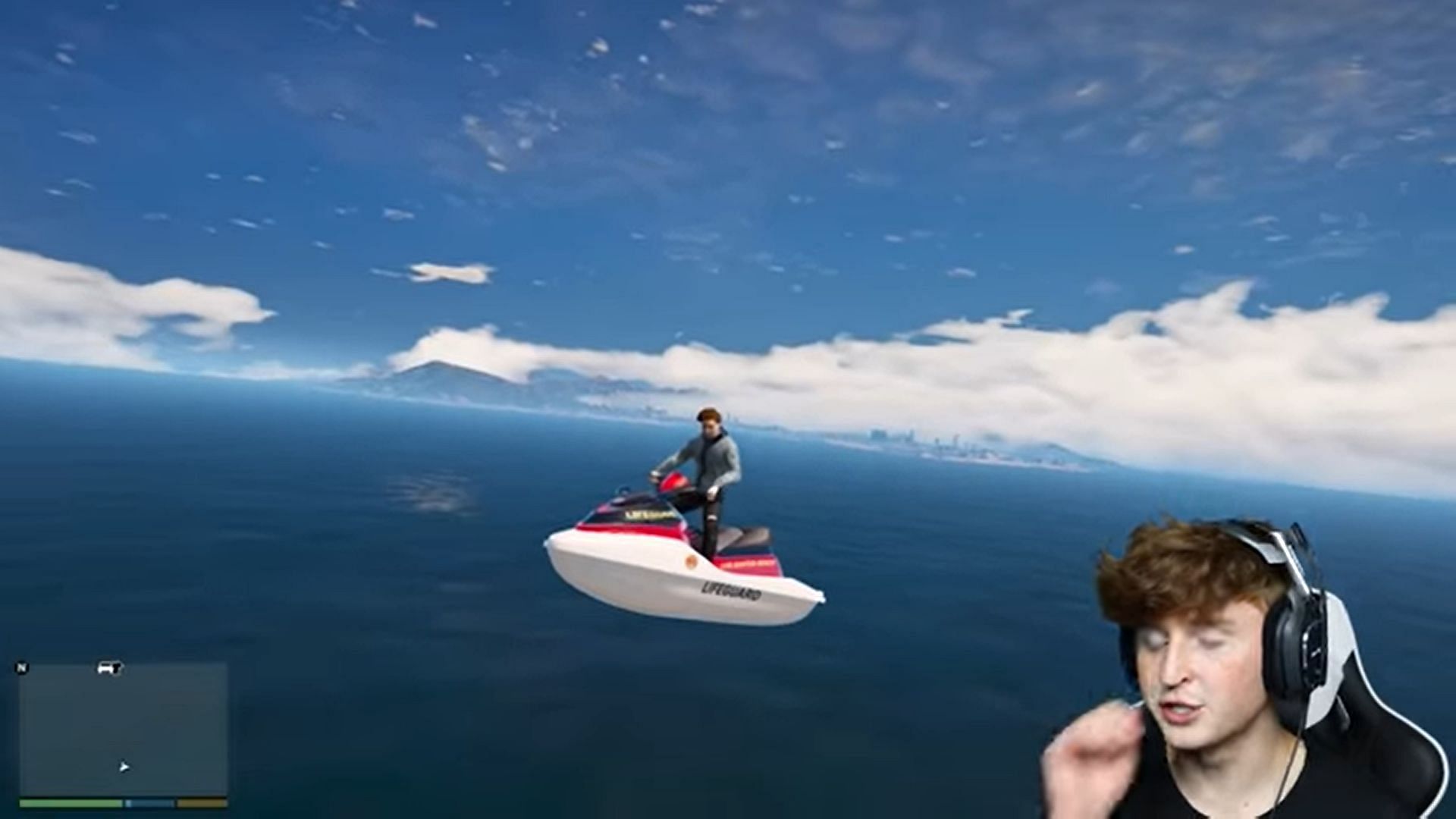 Taking off on his GTA 5 modded jet ski (Image via Sportskeeda)