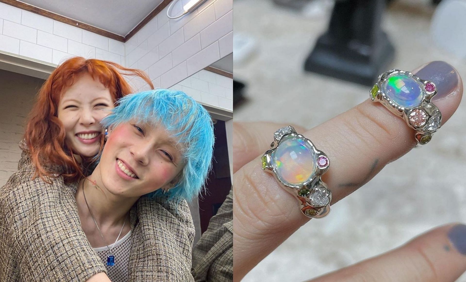 K-pop power couple HyunA and DAWN and engagement rings (Images via @hyunah_aa and @diligems/Instagram)