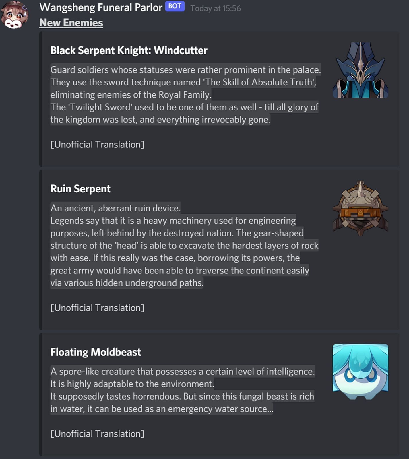 The three new enemies and some unofficial translated descriptions (Image via Wangsheng Funeral Parlor Discord)