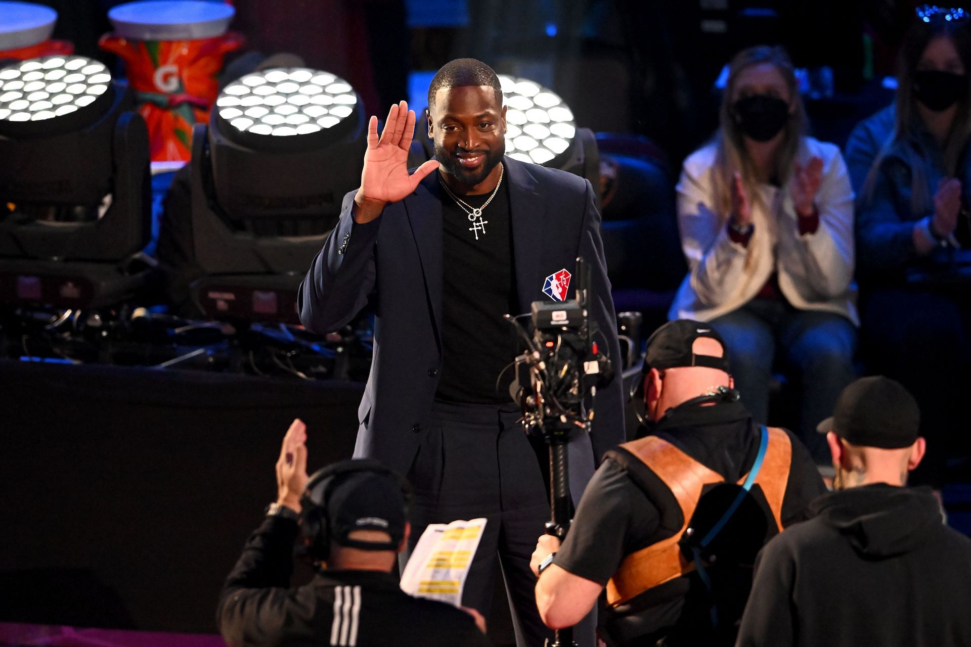 Enter caption Enter caption Dwyane Wade reacts after being introduced as part of the NBA 75th Anniversary Team during the 2022 NBA All-Star Game at Rocket Mortgage Fieldhouse on February 20, 2022 in Cleveland, Ohio.