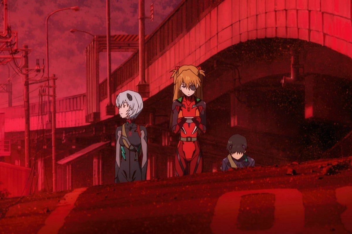 Pictured: Shinji, Rei Q, and Asuka walking through the devastated Earth in 3.0+1 (Image via Sunrise)
