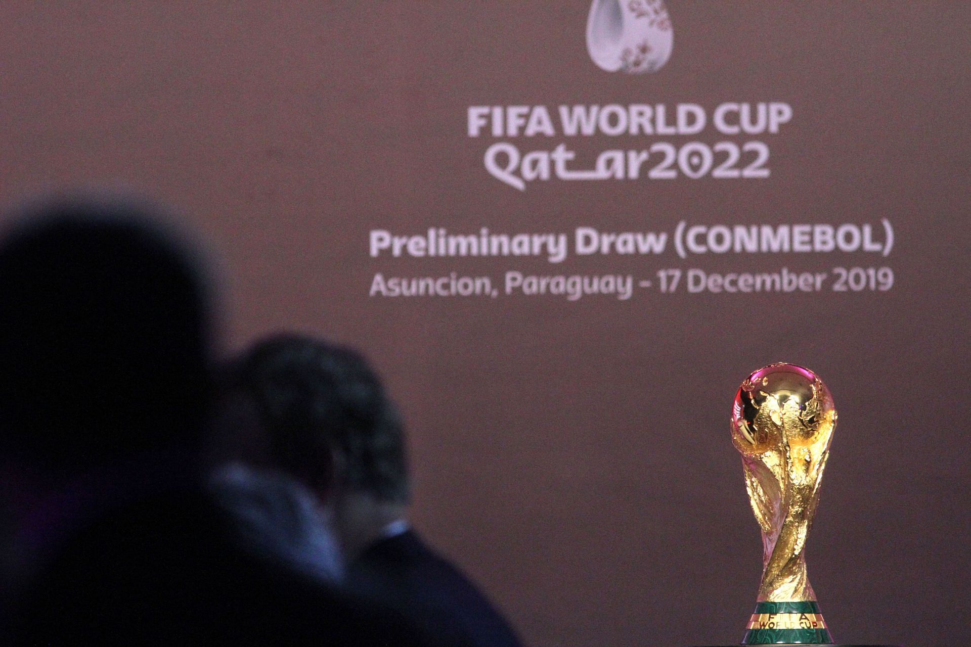 Men&#039;s World Cup trophy on display at draw of South American Qualifiers for Qatar 2022