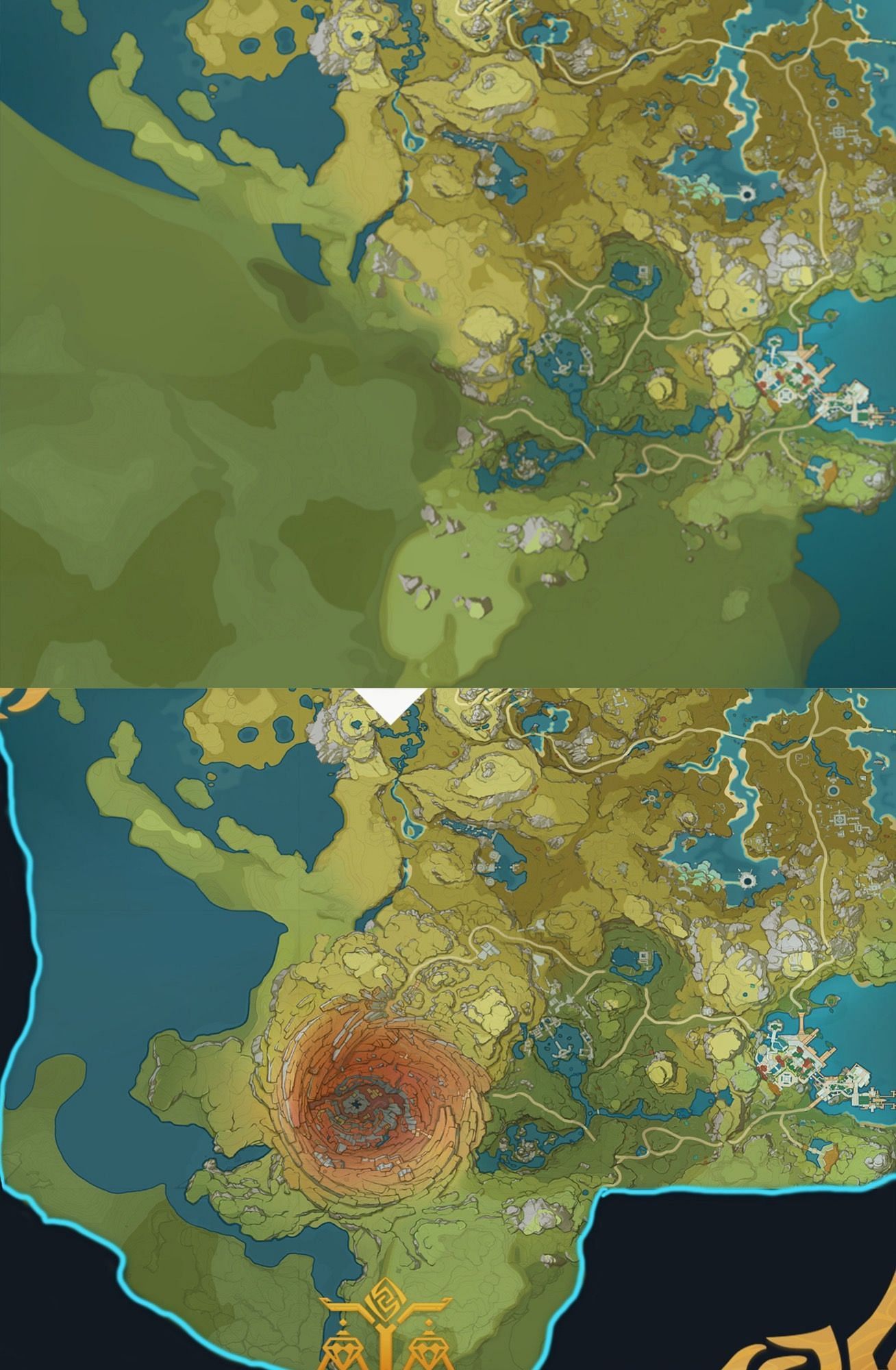 A before and after shot of the region (Image via miHoYo)