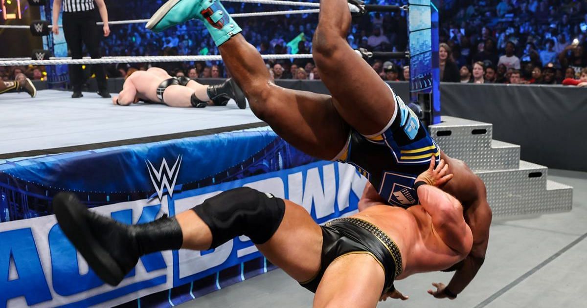 Ridge Holland delivers a belly-to-belly suplex to Big E.
