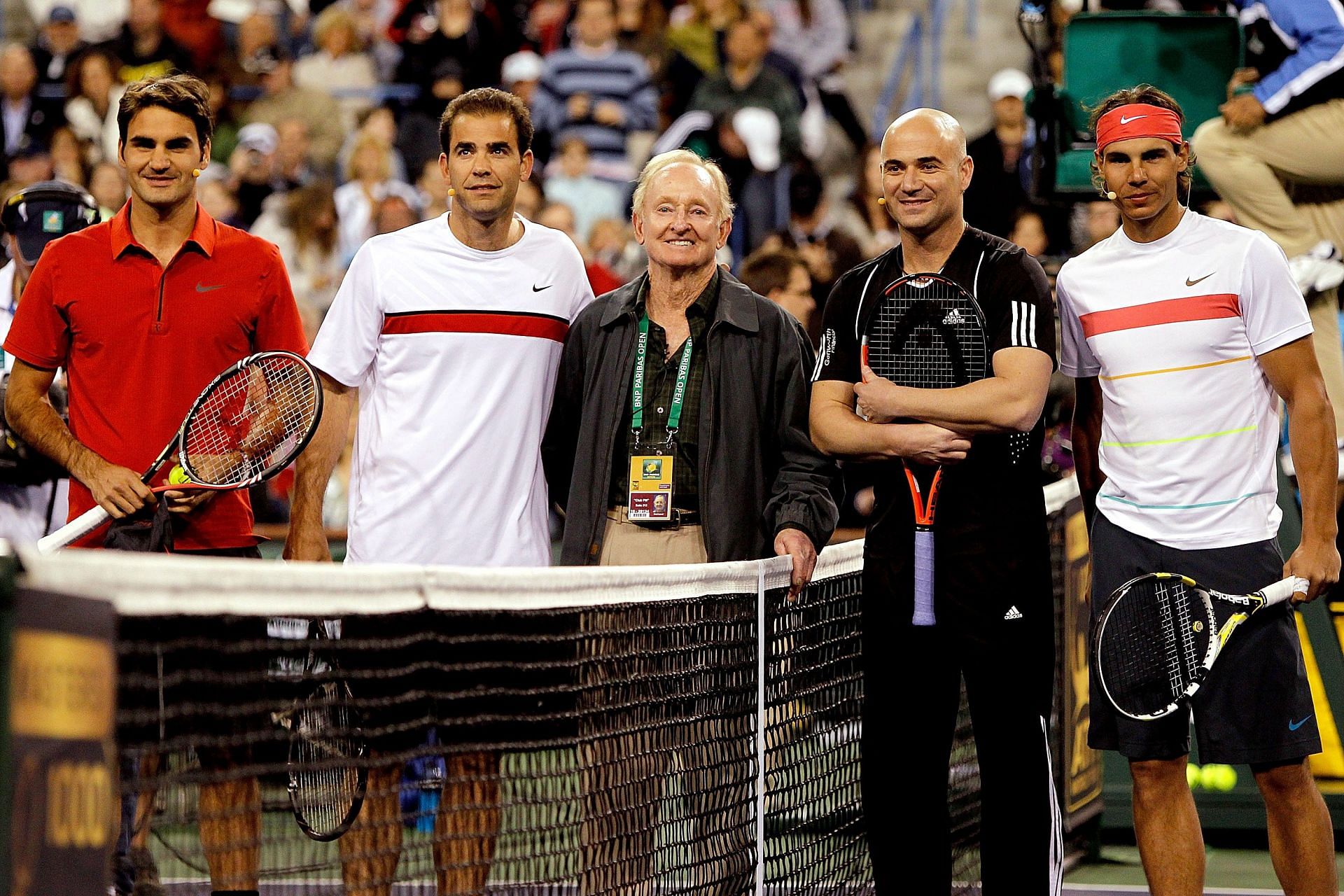 Enter caption Enter caption Enter caption (L-R) Roger Federer, Pete Sampras, Rod Laver, Andre Agassi and Rafael Nadal at the &#039;Hit for Haiti 2&#039; charity exhibition at Indian Wells in 2010