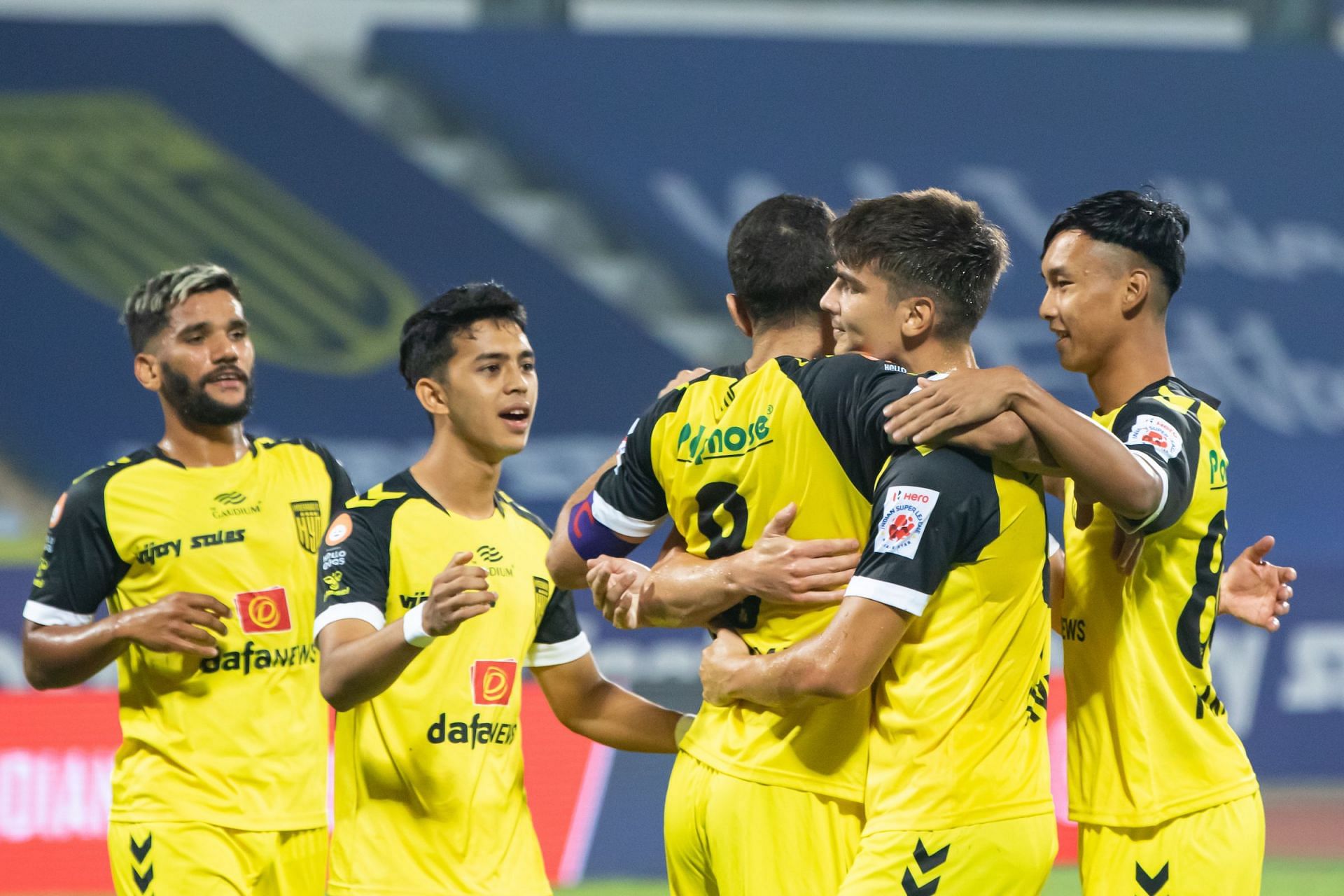 HFC players celebrate after scoring the goal against ATKMB (ISL).