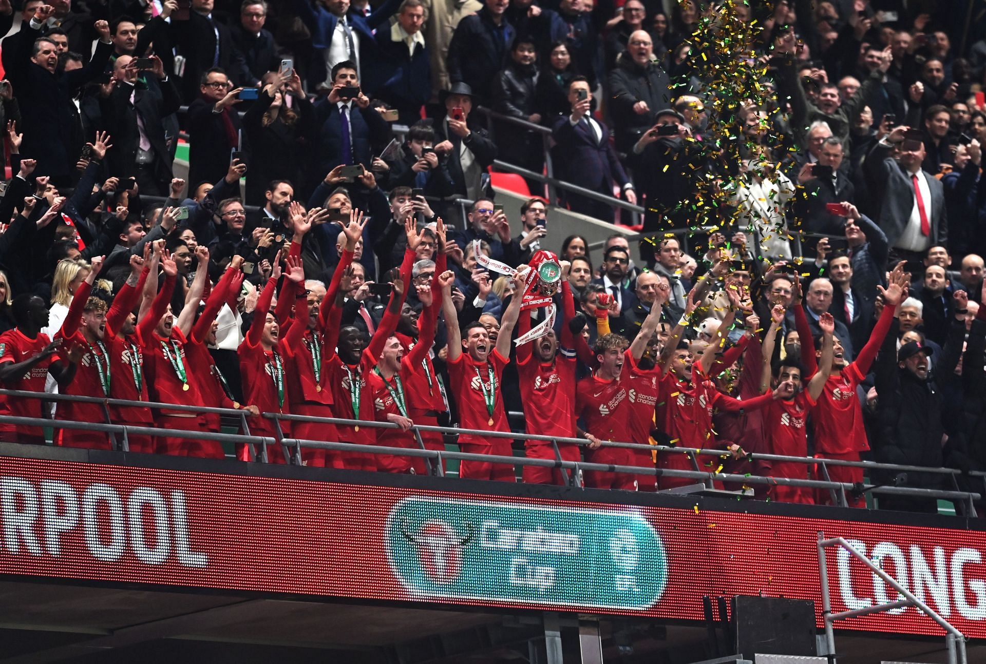 The Reds celebrate their Carabao Cup success.