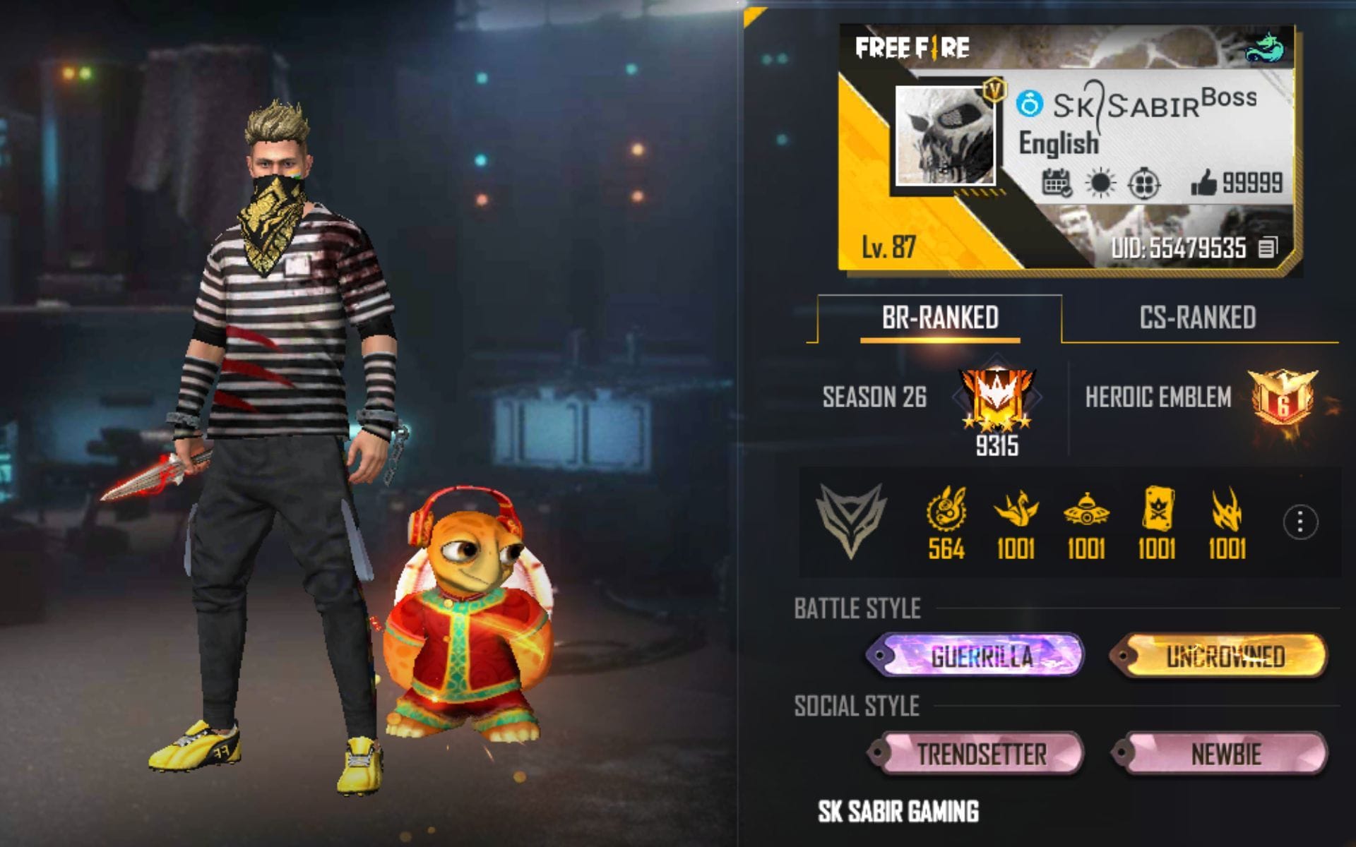 SK Sabir Boss' Free Fire MAX ID, stats, real name, monthly and