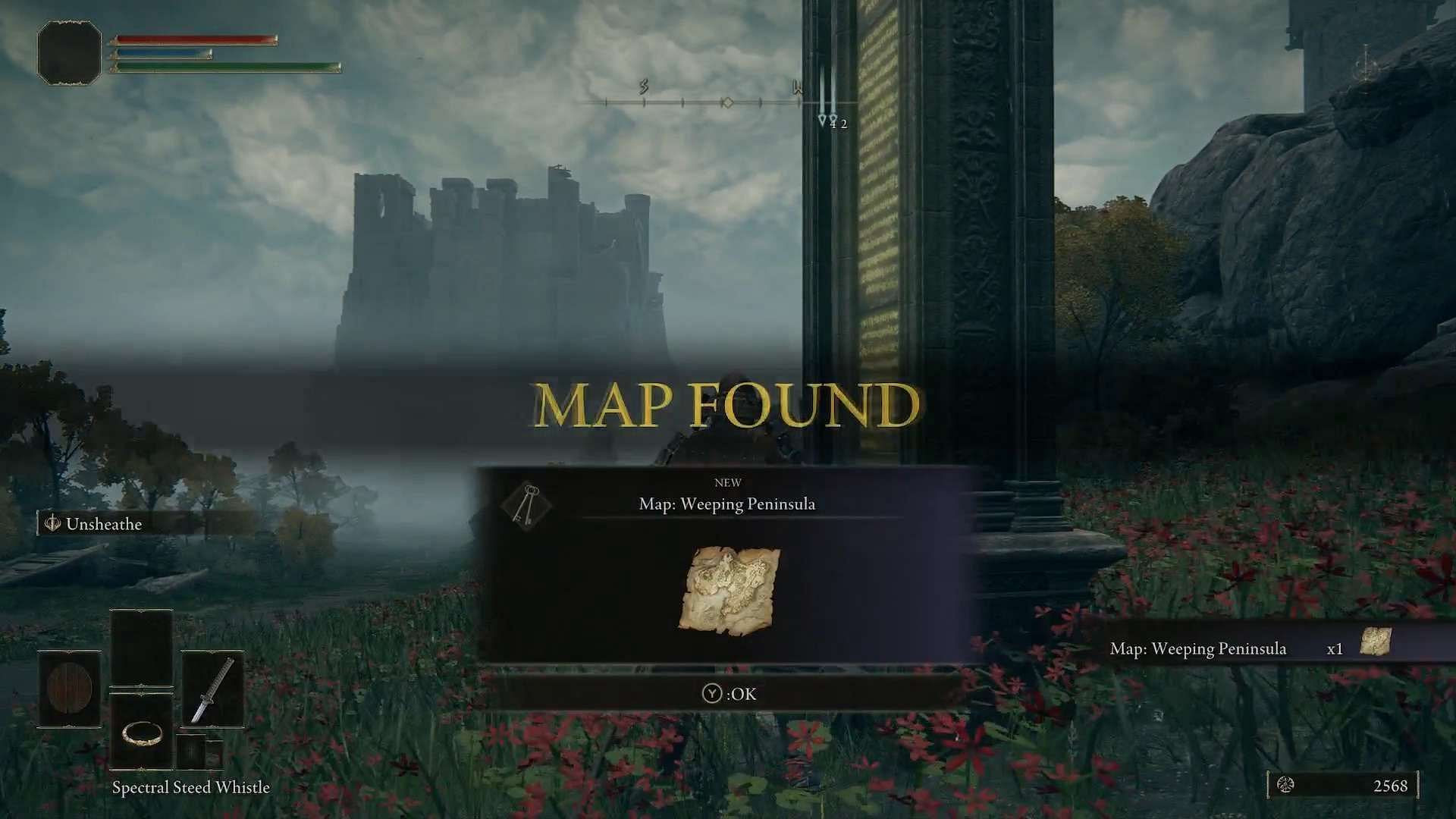 A player obtains the map for the Weeping Peninsula (Image via FromSoftware Inc.)