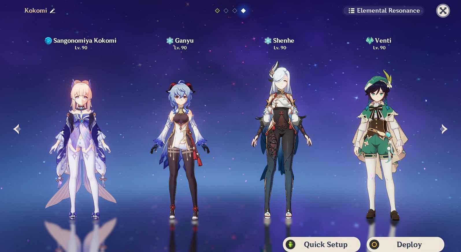 Kokomi, Ganyu, Shenhe, and Venti in a team (Image via Genshin Impact)