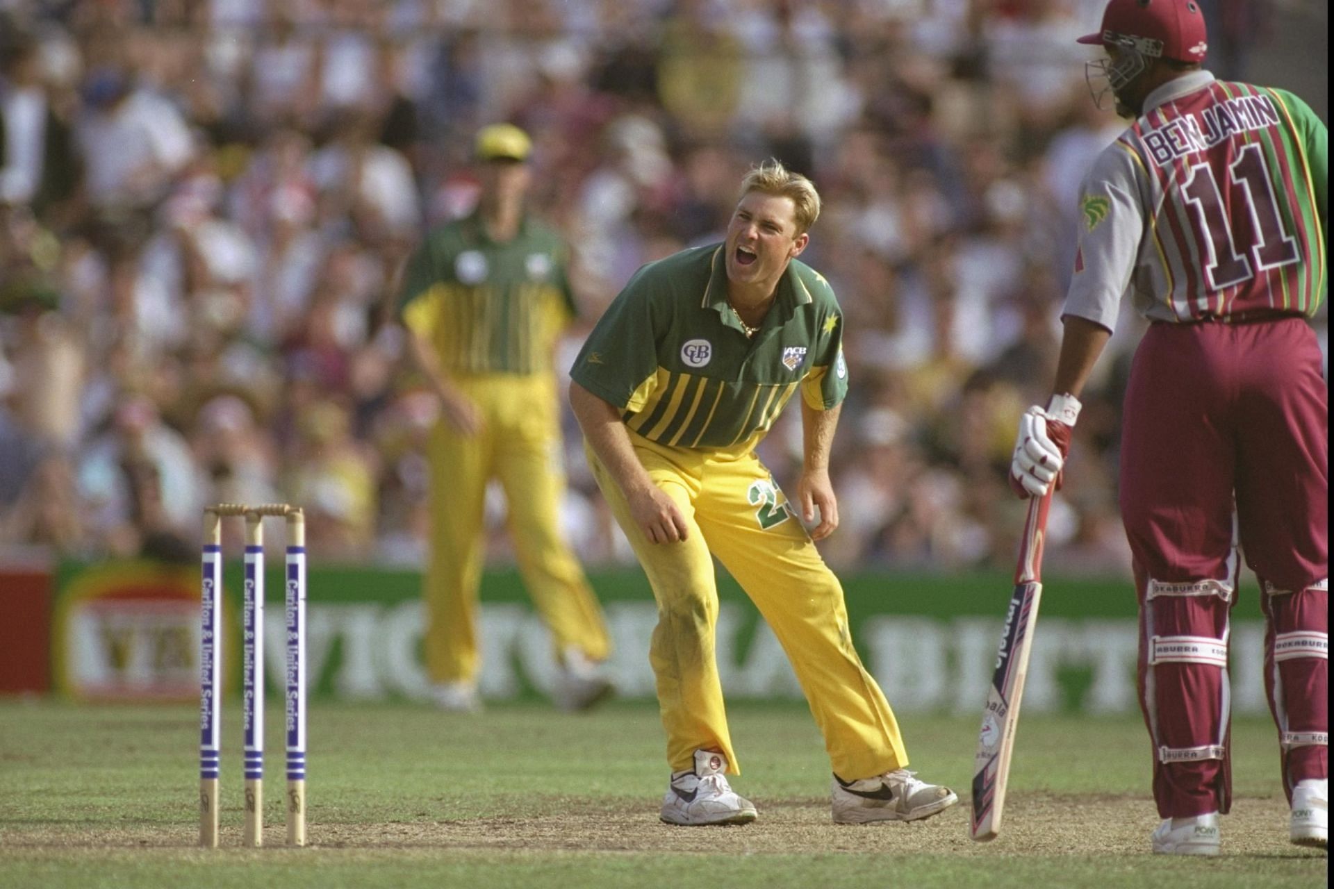 Shane Warne&rsquo;s appeals were as convincing as his deliveries. Here he pleads for a wicket during an ODI against West Indies at Sydney in 1996. Pic: Getty Images