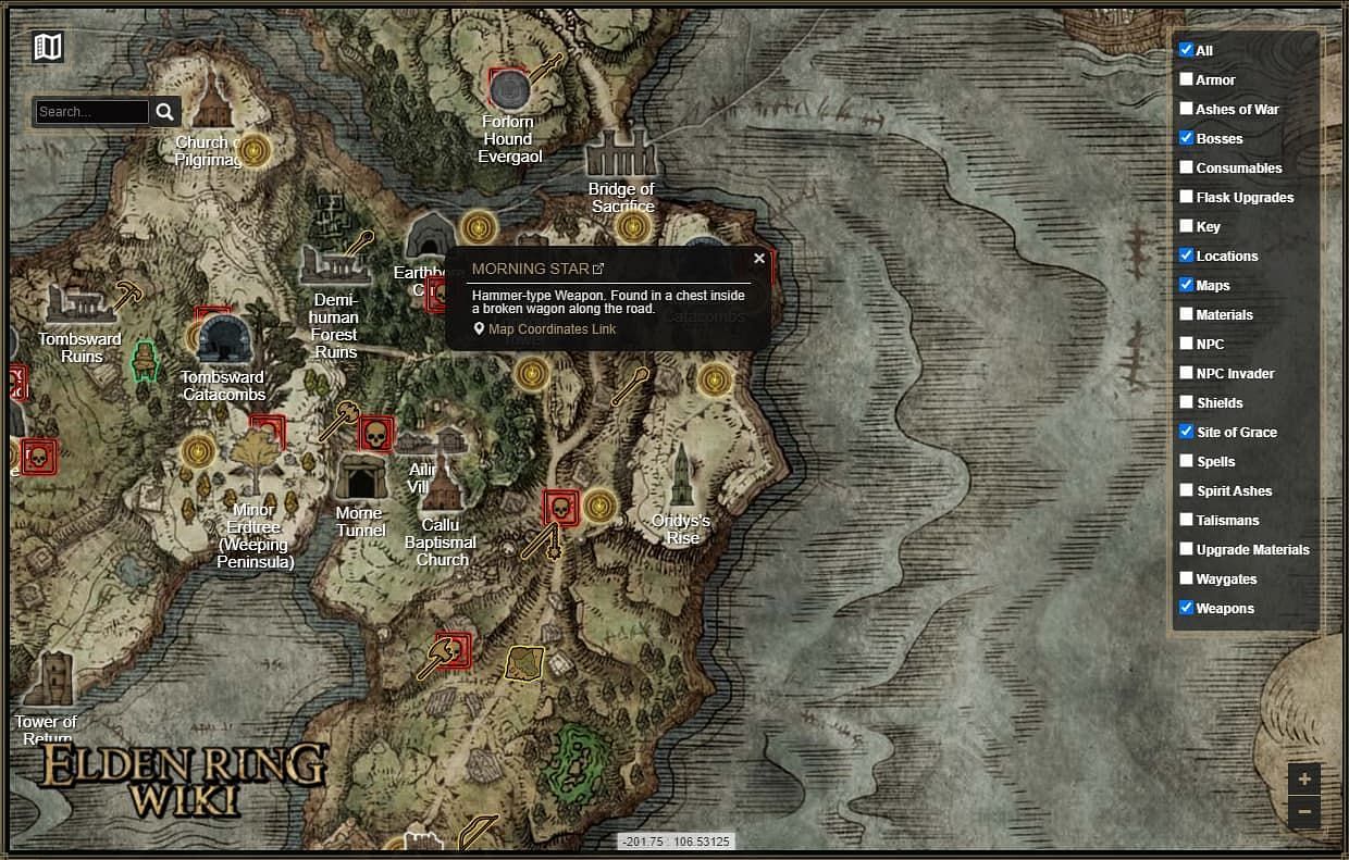 A look at the weapon&#039;s location on the map (Image via Elden Ring Wiki / FromSoftware Inc.)