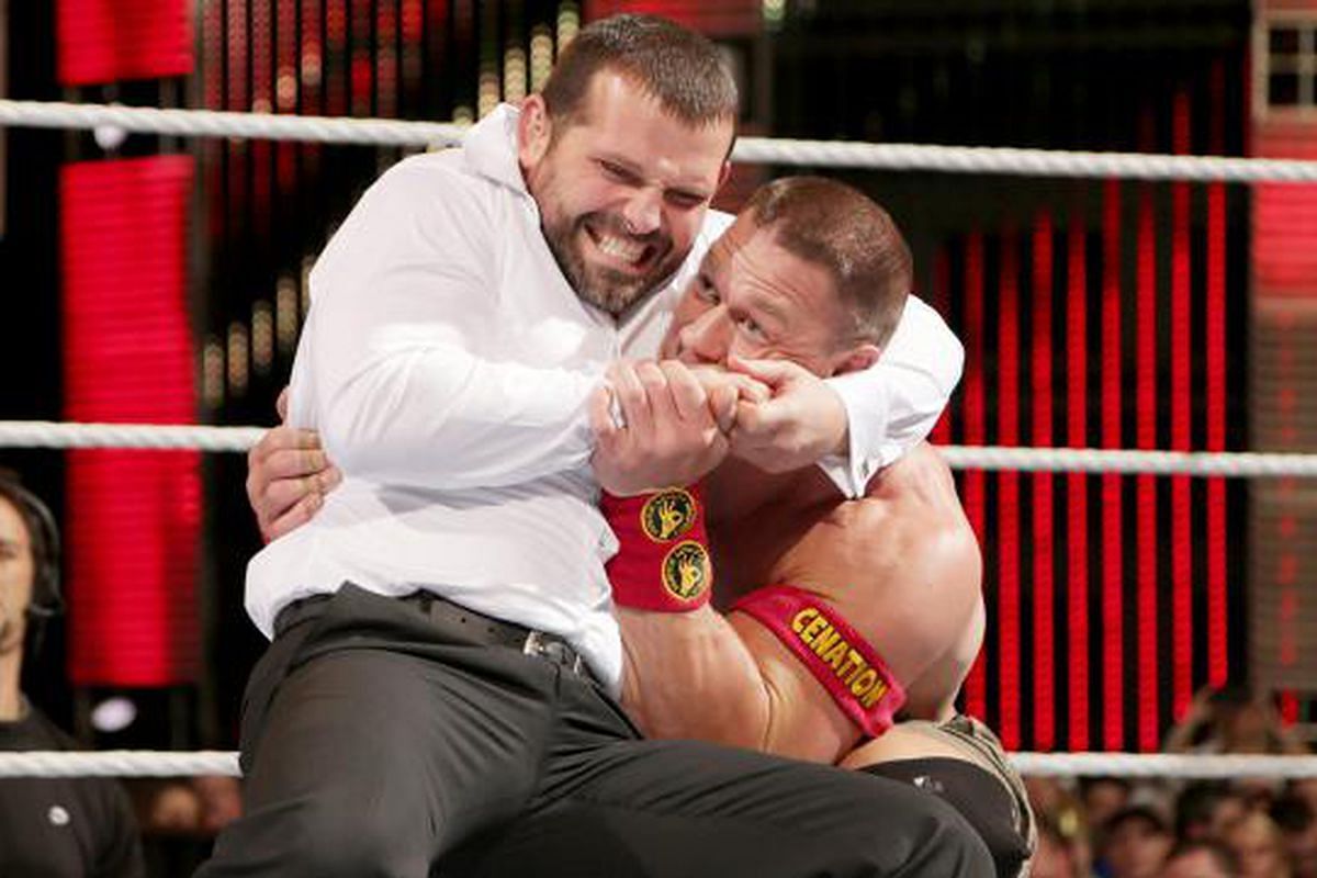 Jamie Noble wrestles John Cena during his time as part of J&amp;J Security