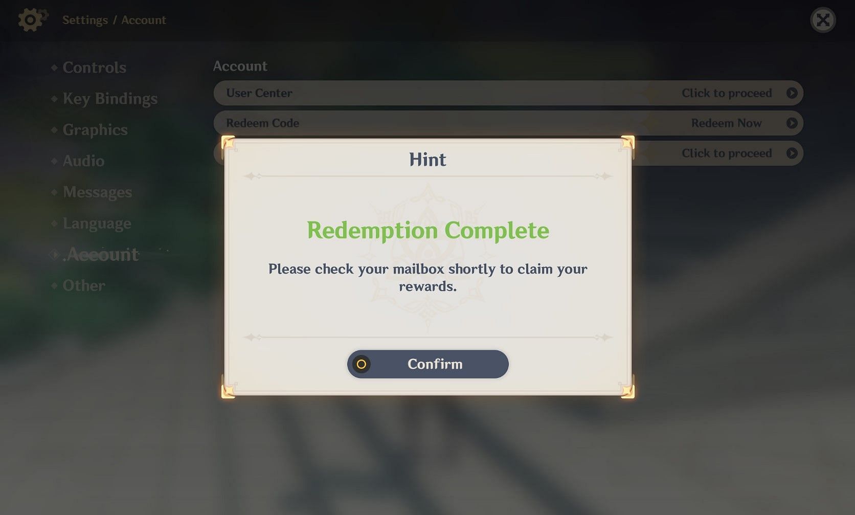 An example of a successful Redemption Code (Image via miHoYo)