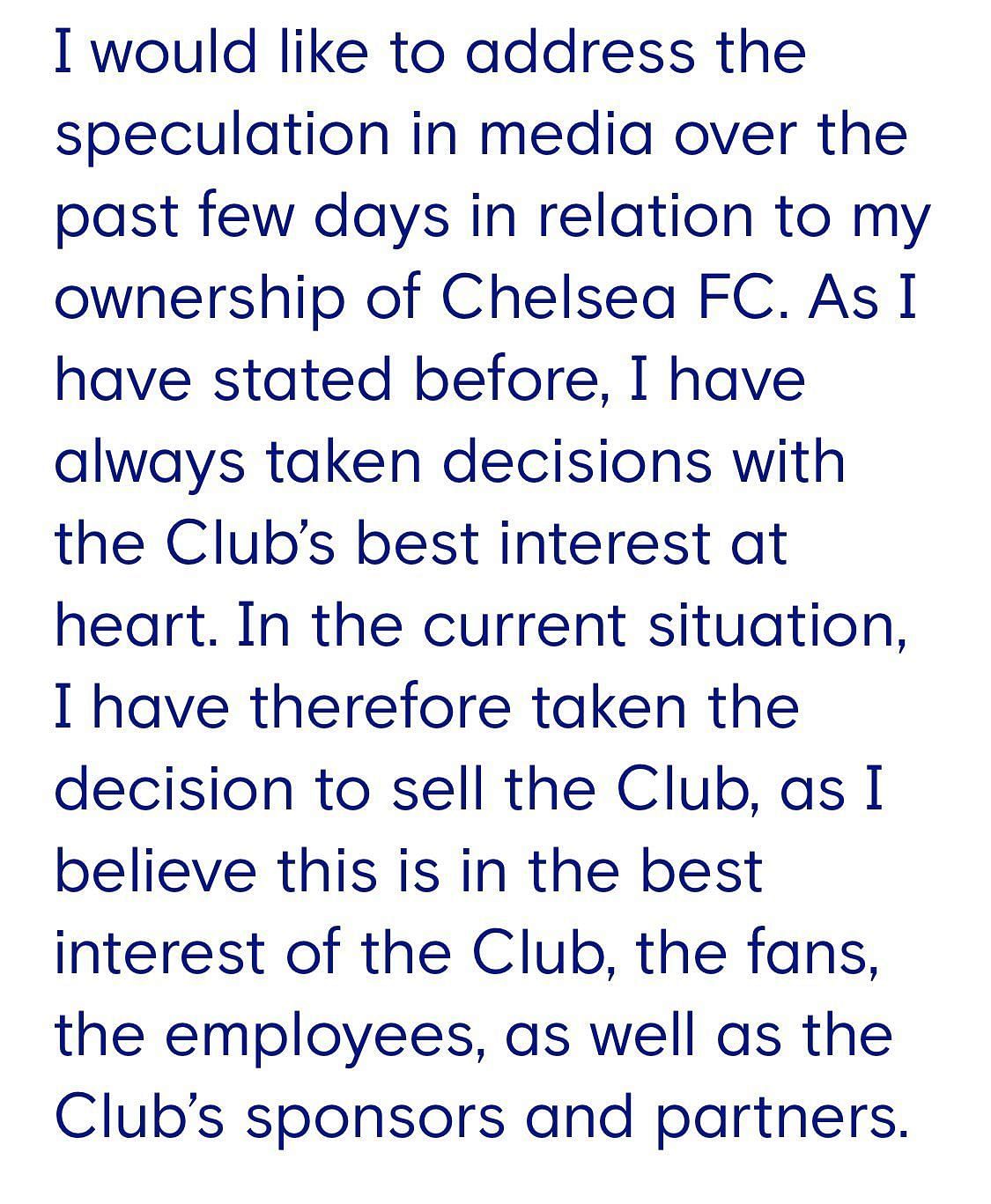 क्लब के मालिक रोमन के आधिकारिक बयान का अंश। (सौ. - ट्विटर)