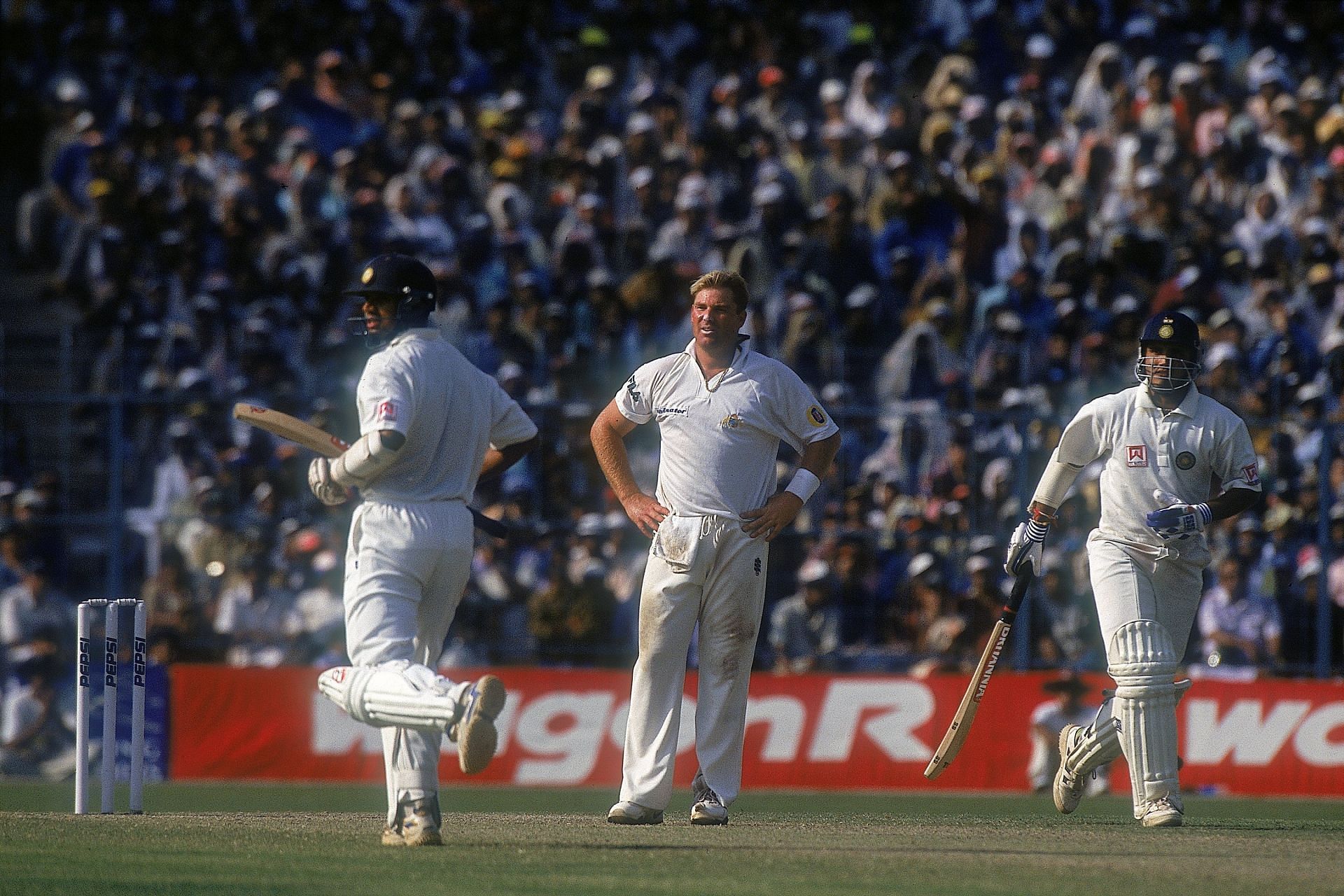 The Aussie spin wizard looks frustrated during the historic 2001 Test in Kolkata. Pic: Getty Images