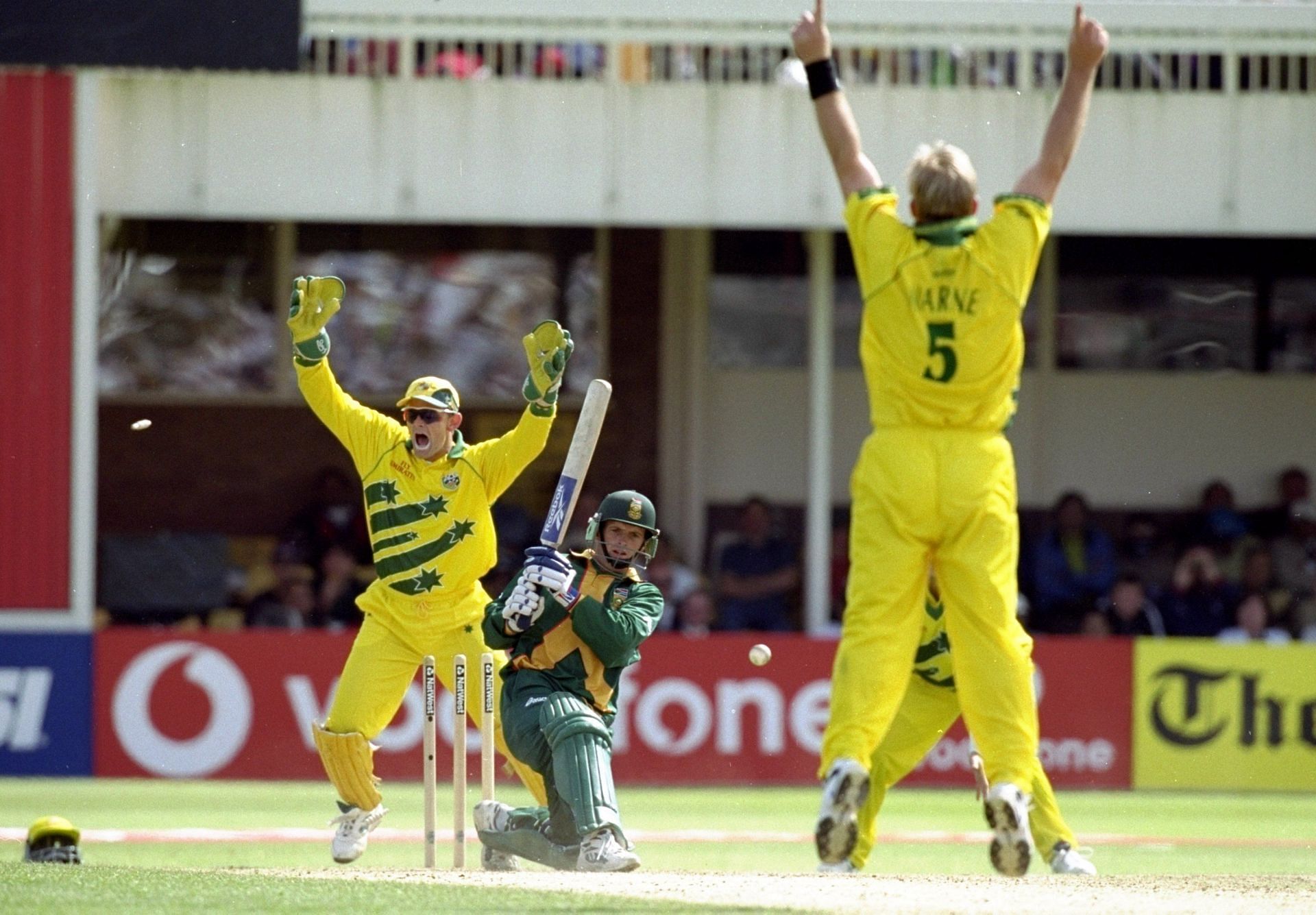 Gary Kirsten of South Africa is bowled by Shane Warne of Australia in the 1999 World Cup semi-final at Edgbaston in Birmingham, England. The match finished a tie as Australia went through after finishing higher in the Super Six table. Pic: Getty Images