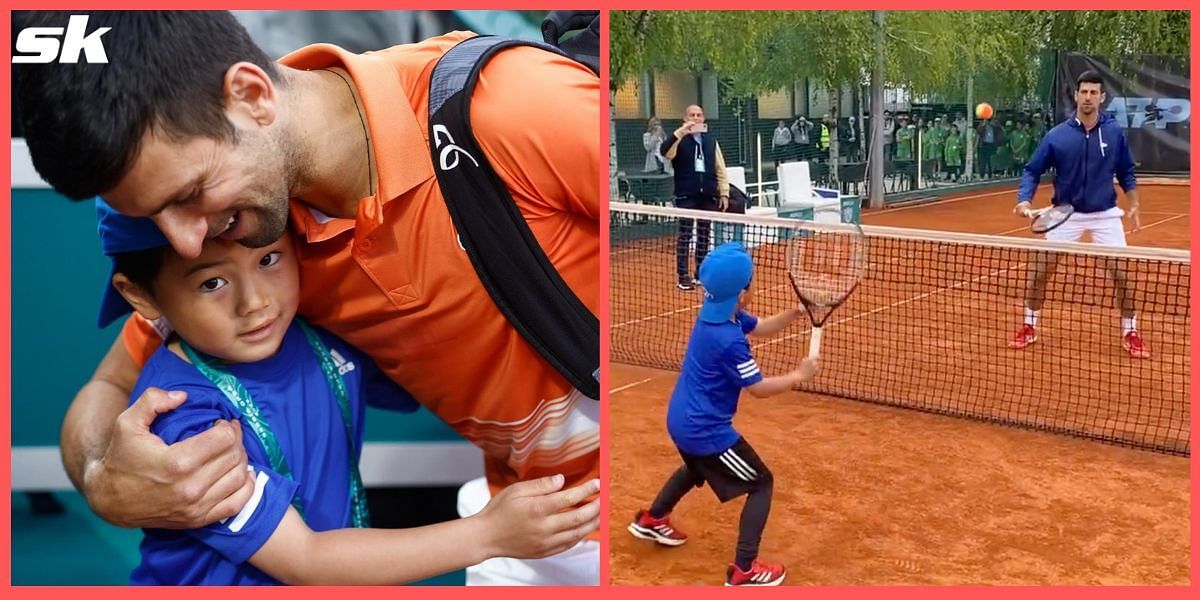Novak Djokovic hugs six-year-old Japanese fan Kojiro Owaki and hits with him during the Serbia Open (photo courtesy of @JiRo_NoSuKe on Twitter).