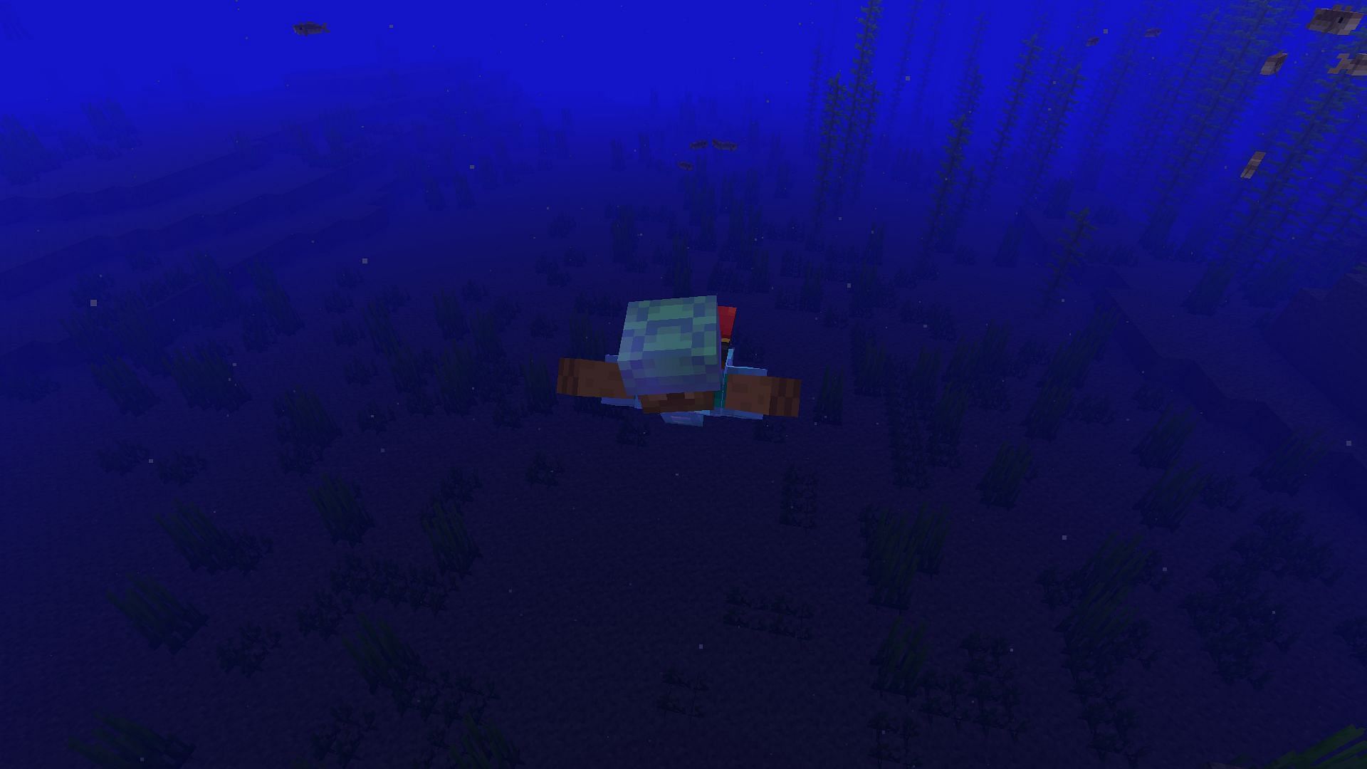 A player swimming with a respiration turtle shell (Image via Minecraft)