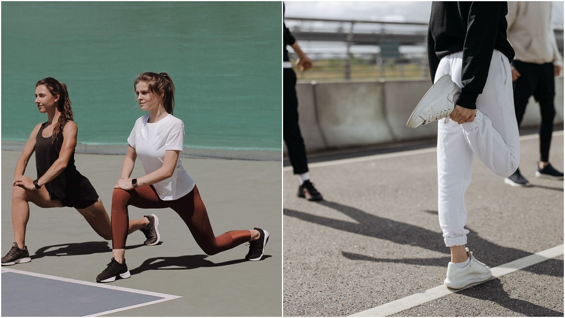 Difference between warmup and stretches. (Left Image by Maksim Goncharenok; Right Image by cottonbro / Pexels)