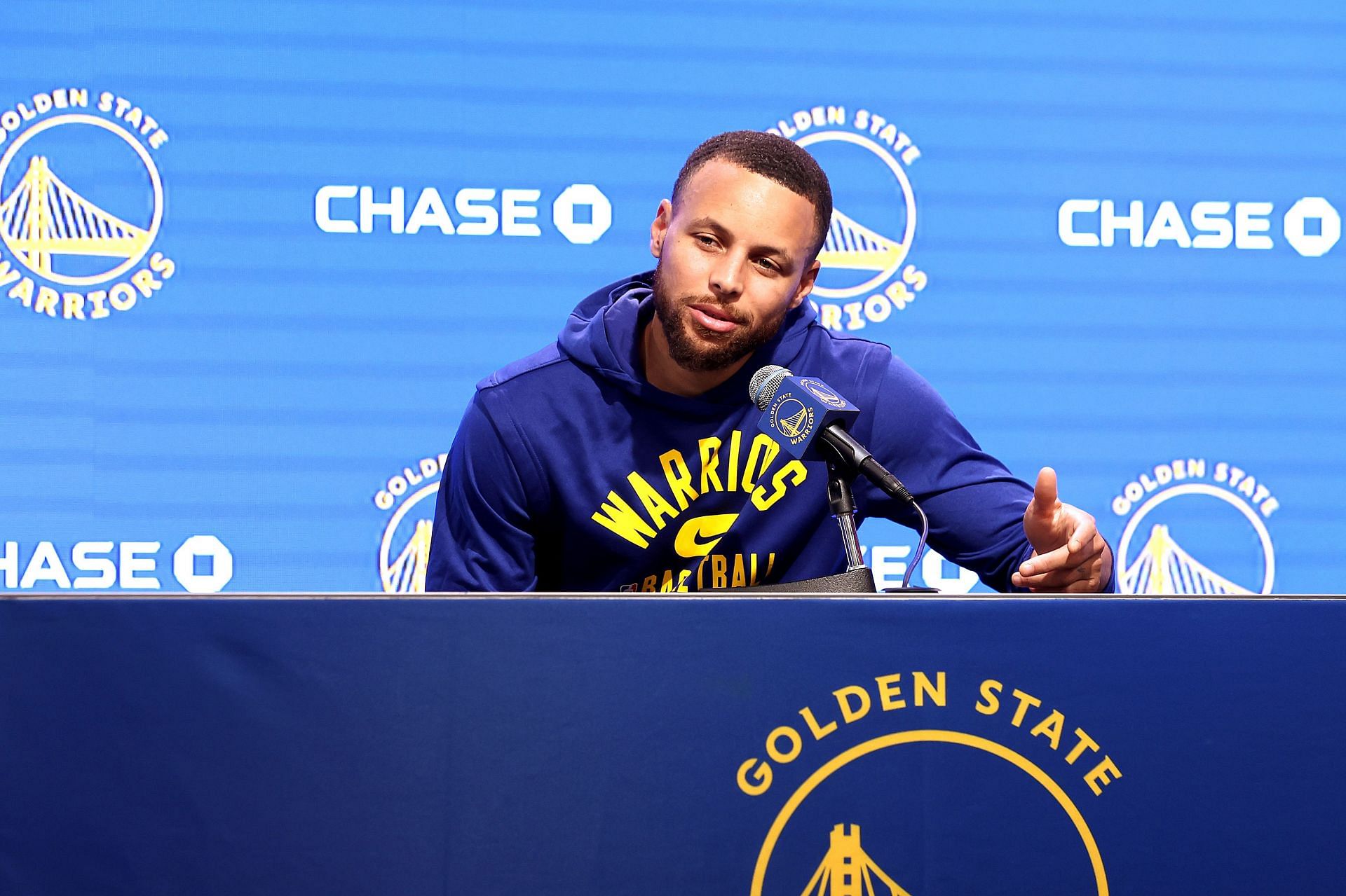 Steph Curry of the Golden State Warriors speaks to the media during a press conference