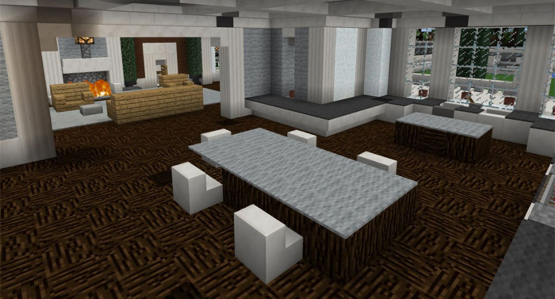Mansion furniture is made from accessible materials such as wool, stone, quartz, and wood logs (Image via Mojang)
