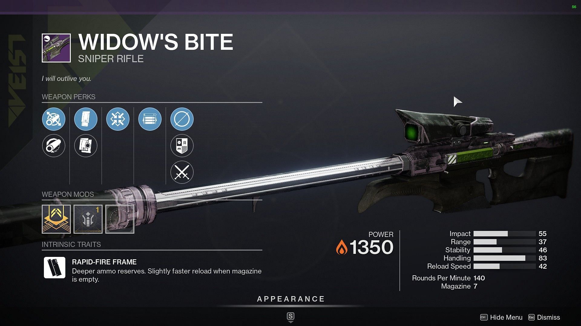 Widow&#039;s Bite perks are in Xur&#039;s inventory this week (Image via Destiny 2)