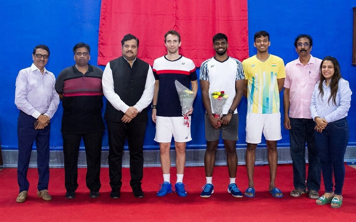 Denmark badminton coach Mathias Boe (fourth from L) and Satwiksairaj Rankireddy were honored by Goregaon Sports Club in Mumbai on Sunday. (Pic credit: GSC)