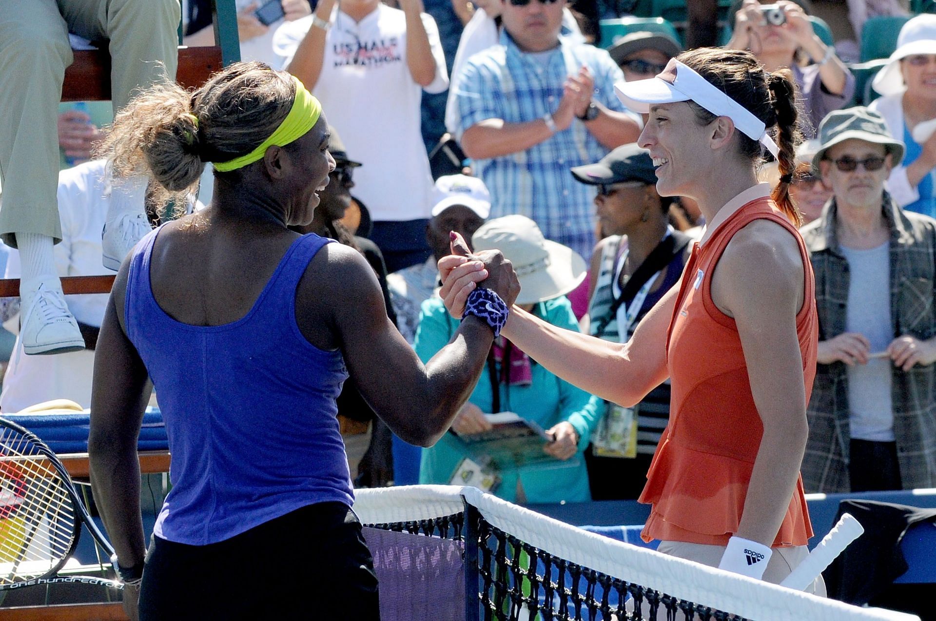 Serena Williams (L) and Andrea Petkovic at the Bank of the West Classic.