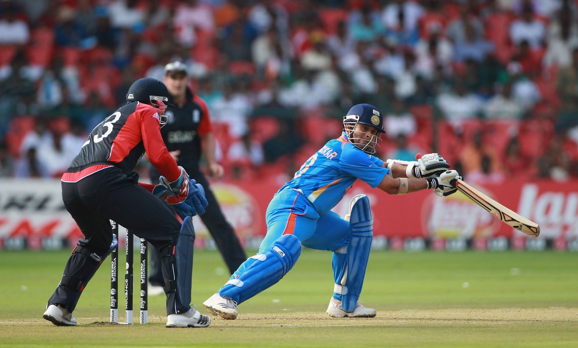 Sachin Tendulkar in actin during the ICC Cricket World Cup 2011