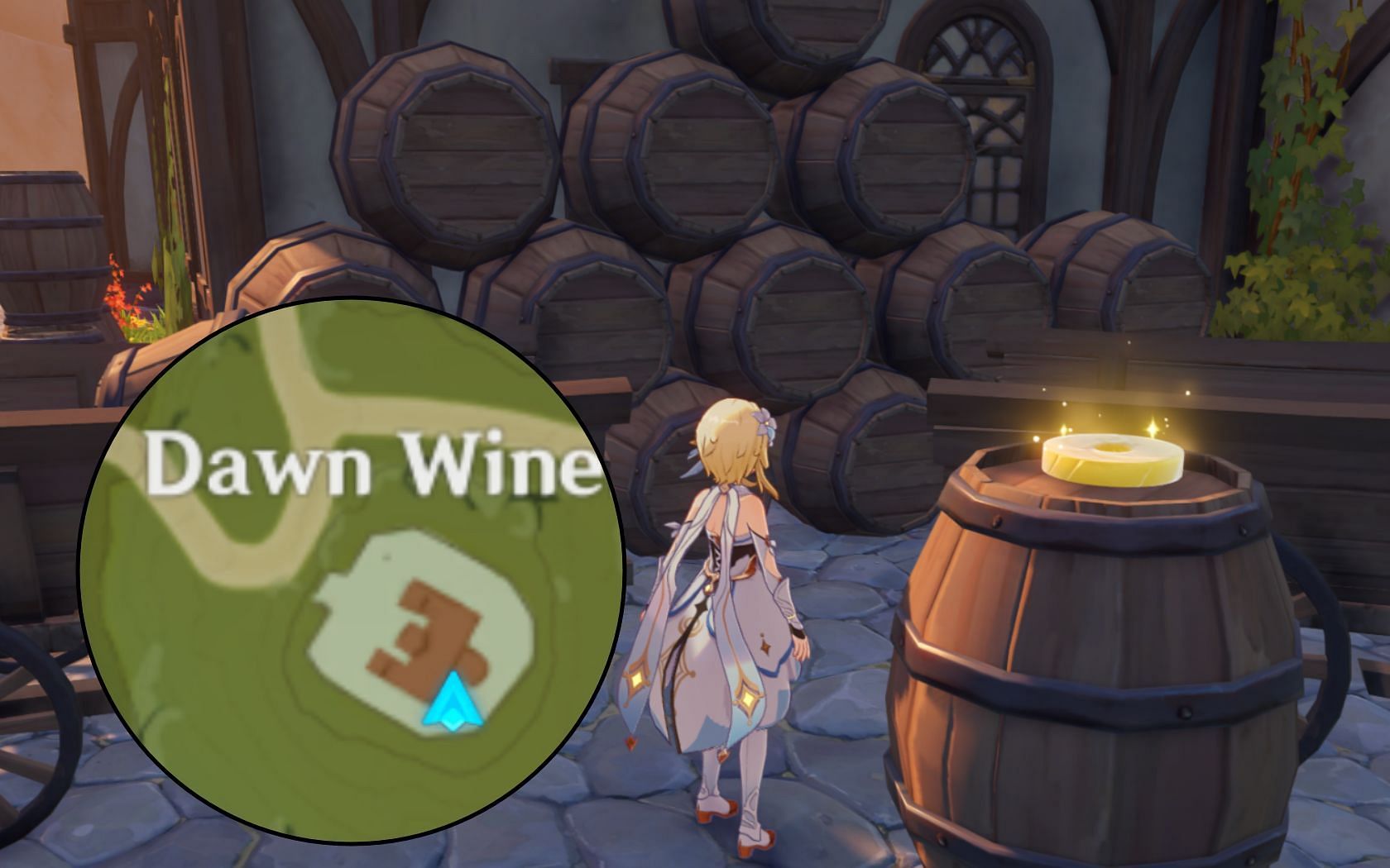 This barrel is on the south side of Dawn Winery (Image via miHoYo)