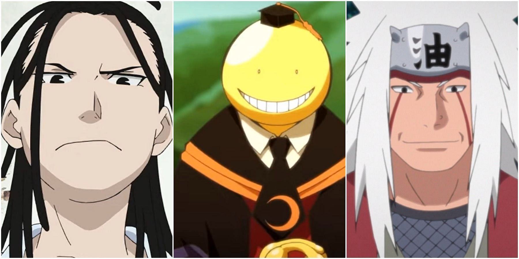 Izumi, Kuro Sensei, and Jiraiya, three of the best shonen anime mentors. (Image via FMAB, Assassination Classroom, and Naruto)