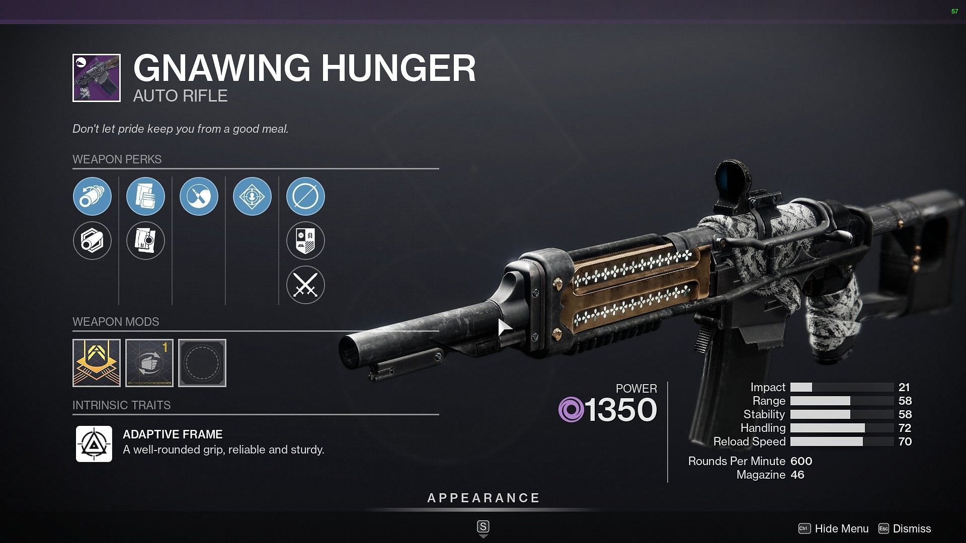 The Gnawing Hunger god roll from Xur (Image via Destiny 2)