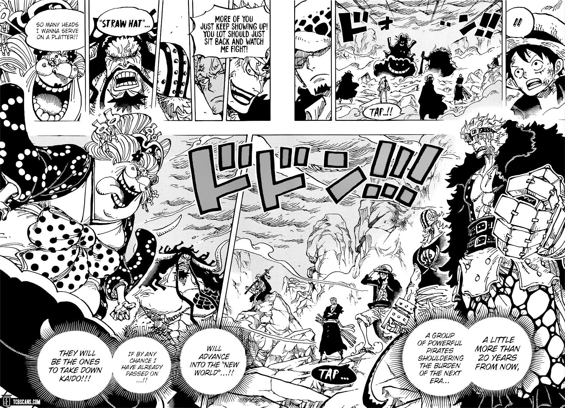 The start of the Worst Generation vs. Yonko fight, as seen in the series&#039; manga (Image via TCB Scans)