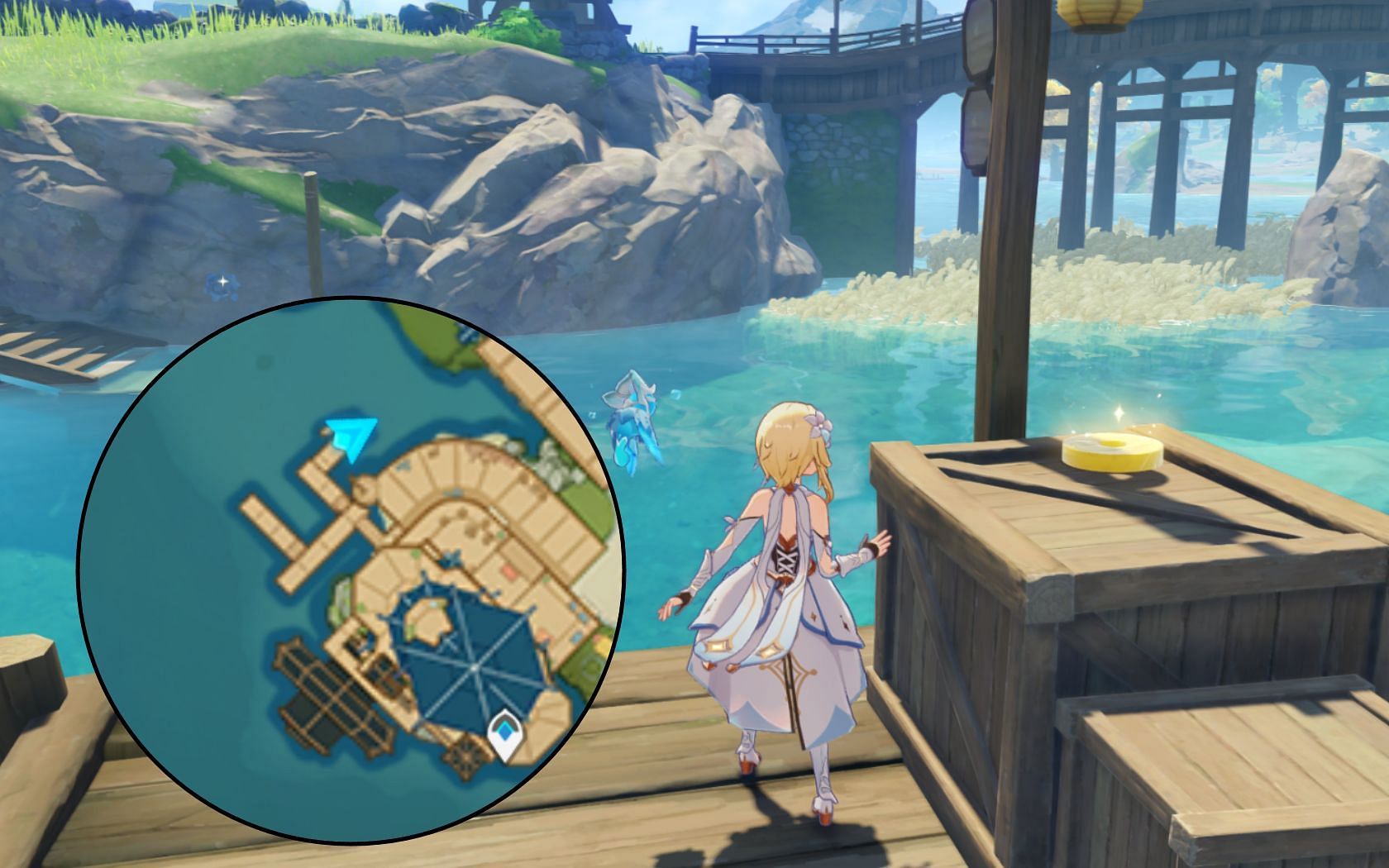 It&#039;s on a crate on the nearby pier (Image via miHoYo)