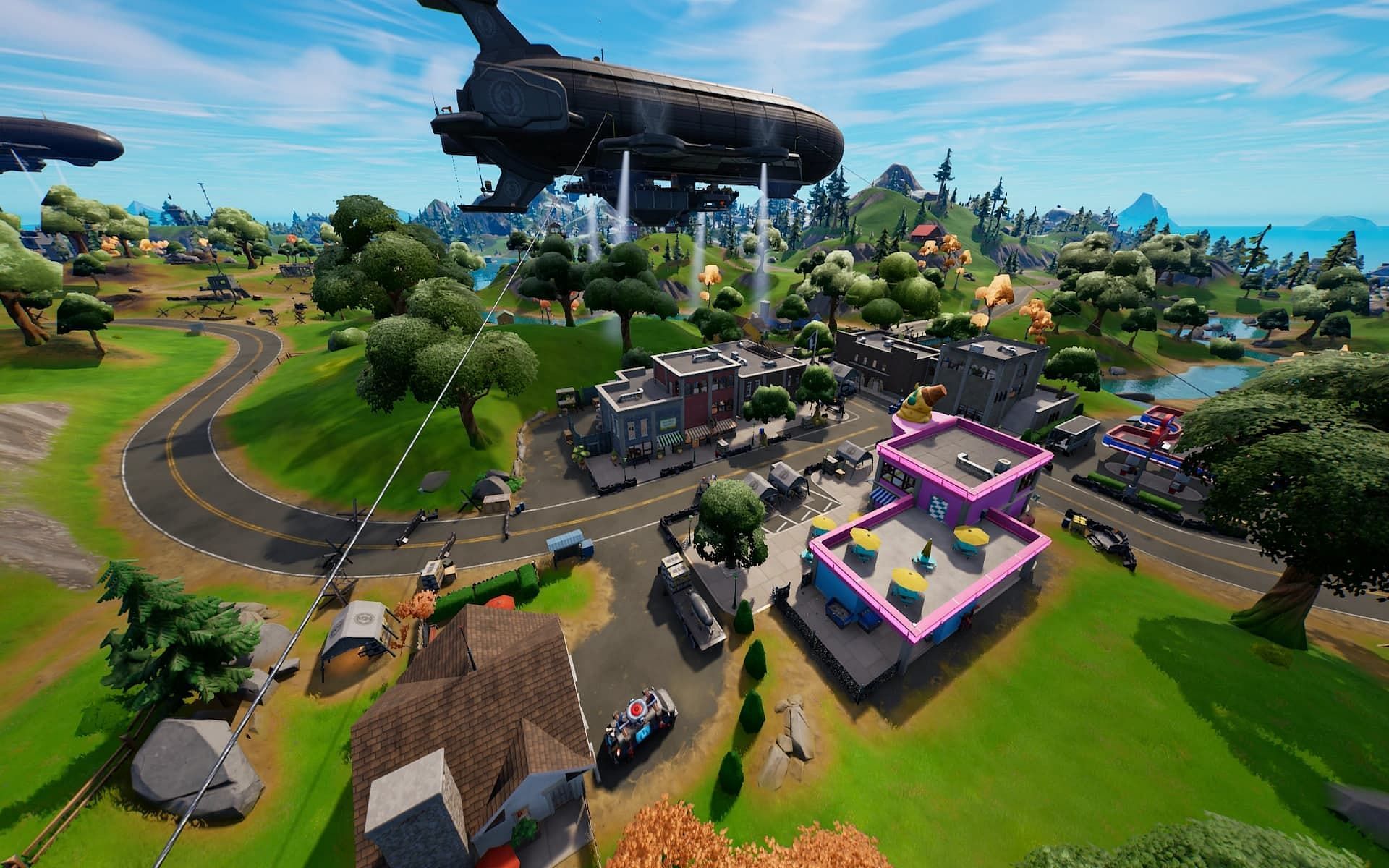 Coney Crossroads is the latest POI to see the battle between the IO and the Seven in Fortnite (Image via Epic Games)