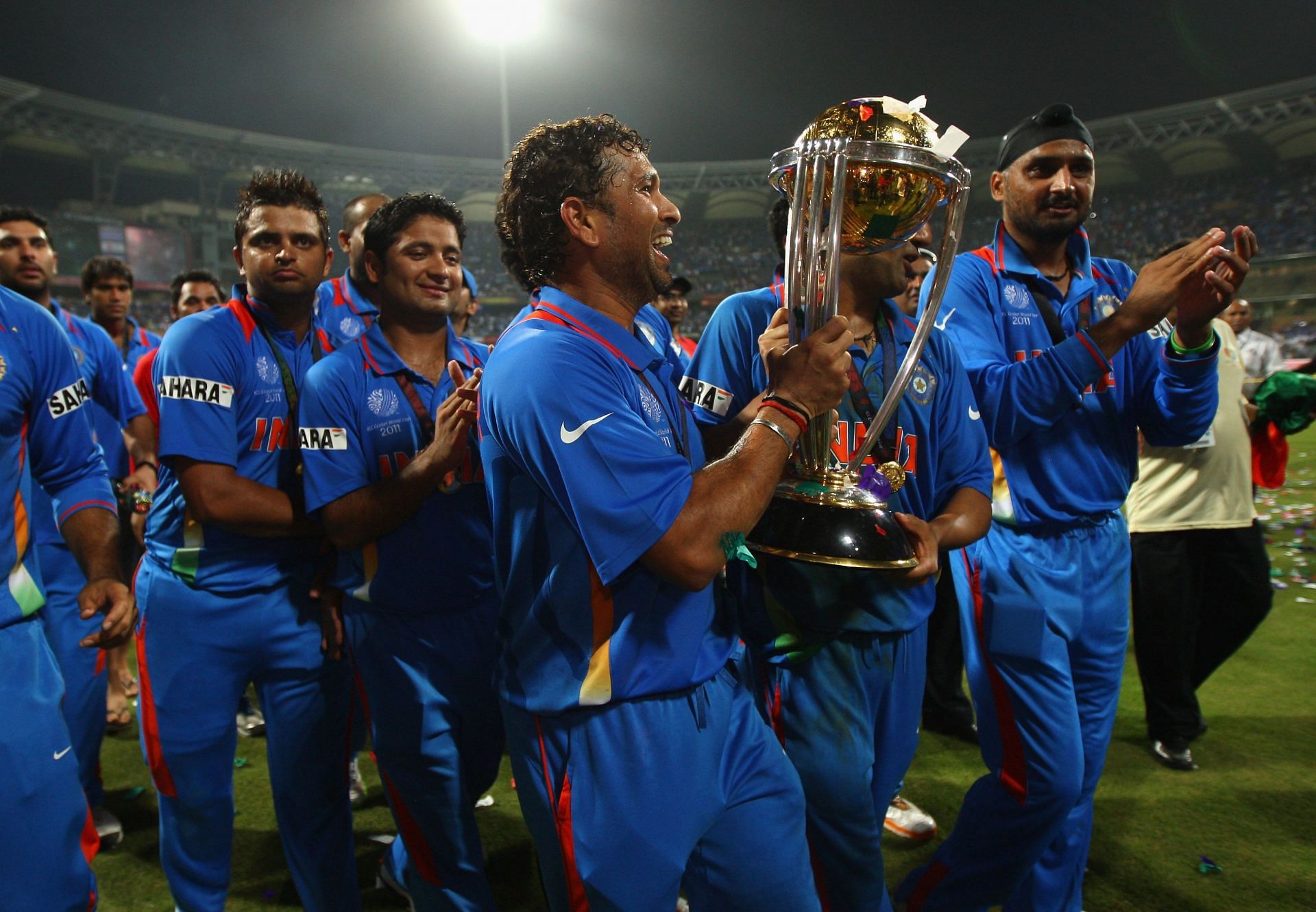 Sachin Tendulkar with the World Cup trophy after India won the final in 2011